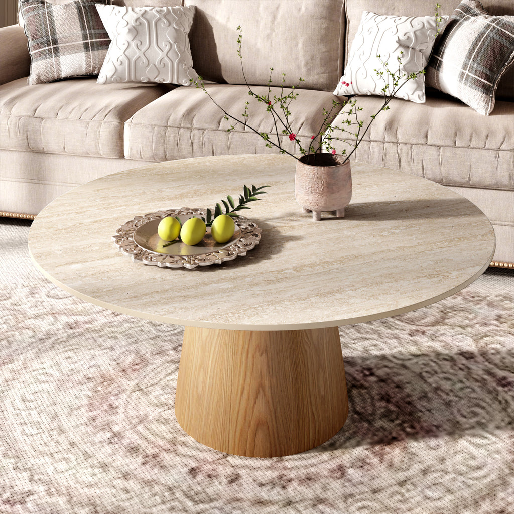 Wabi-Sabi Coffee Table: Sintered Stone Top with Solid Wood Pedestal Base - Travertine+Wood - 41" Table - image 15