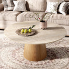 Wabi-Sabi Coffee Table: Sintered Stone Top with Solid Wood Pedestal Base - Travertine+Wood - 41" Table - image 15
