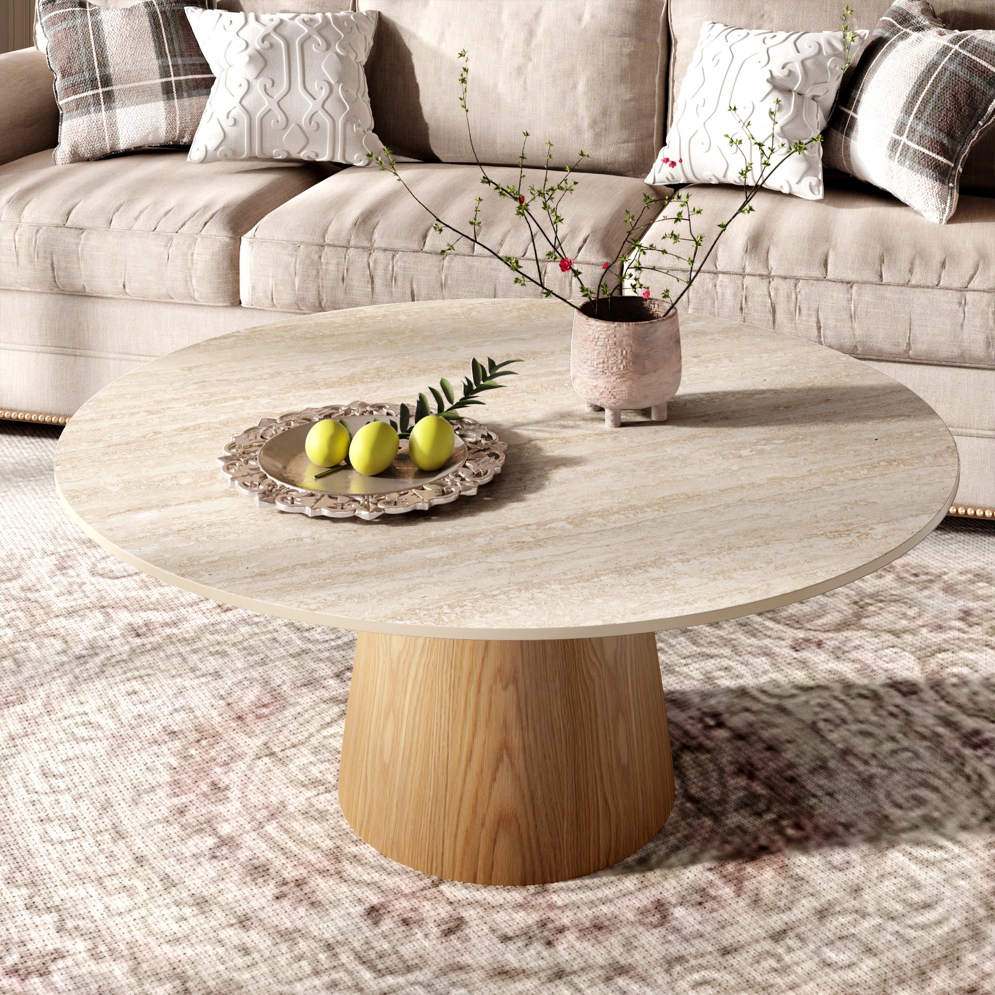 Wabi-Sabi Coffee Table: Sintered Stone Top with Solid Wood Pedestal Base - Travertine+Wood - 41" Table - image 15
