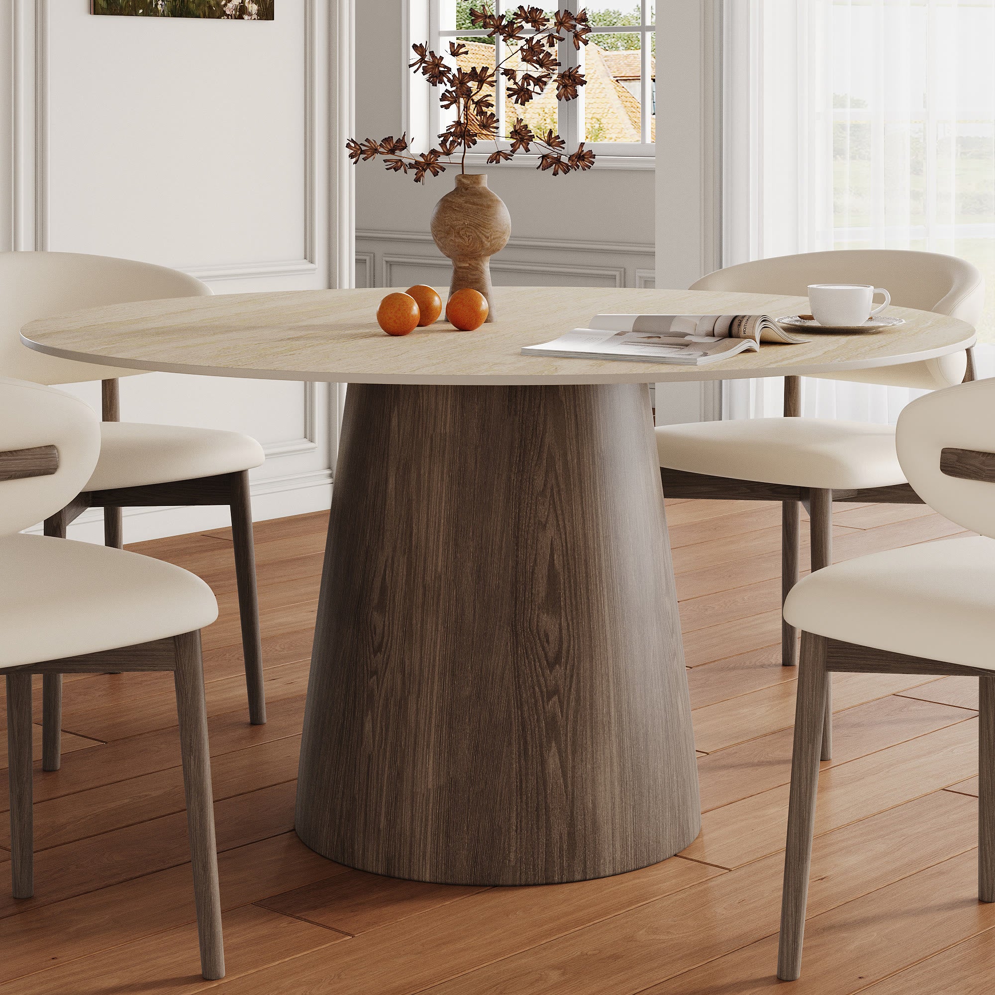 Modern Minimalist Solid Wood Dining Table With Sintered Stone Top - Travertine - 59" Table - image 9