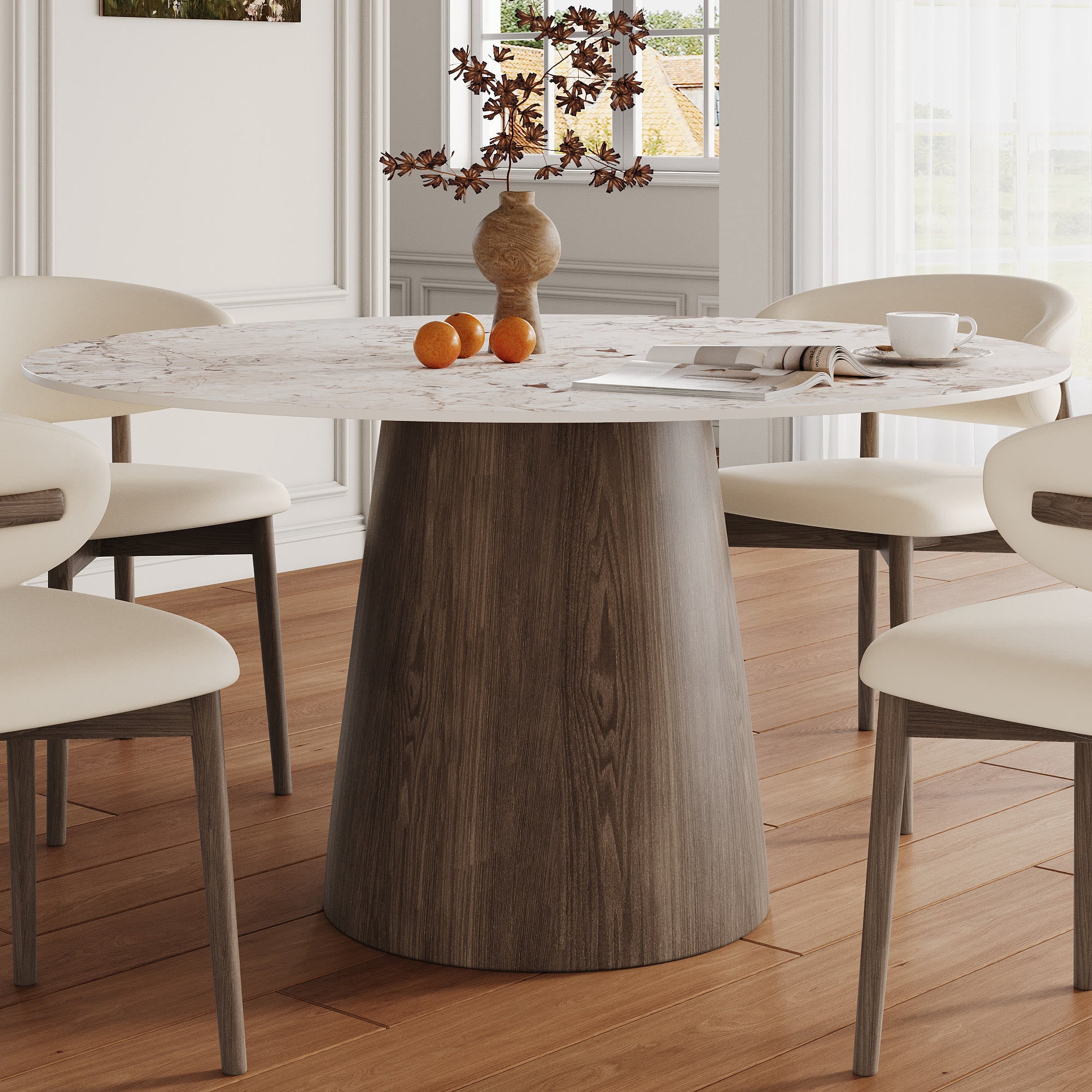 Modern Minimalist Solid Wood Dining Table With Sintered Stone Top - Creamy - 59" Table - image 6