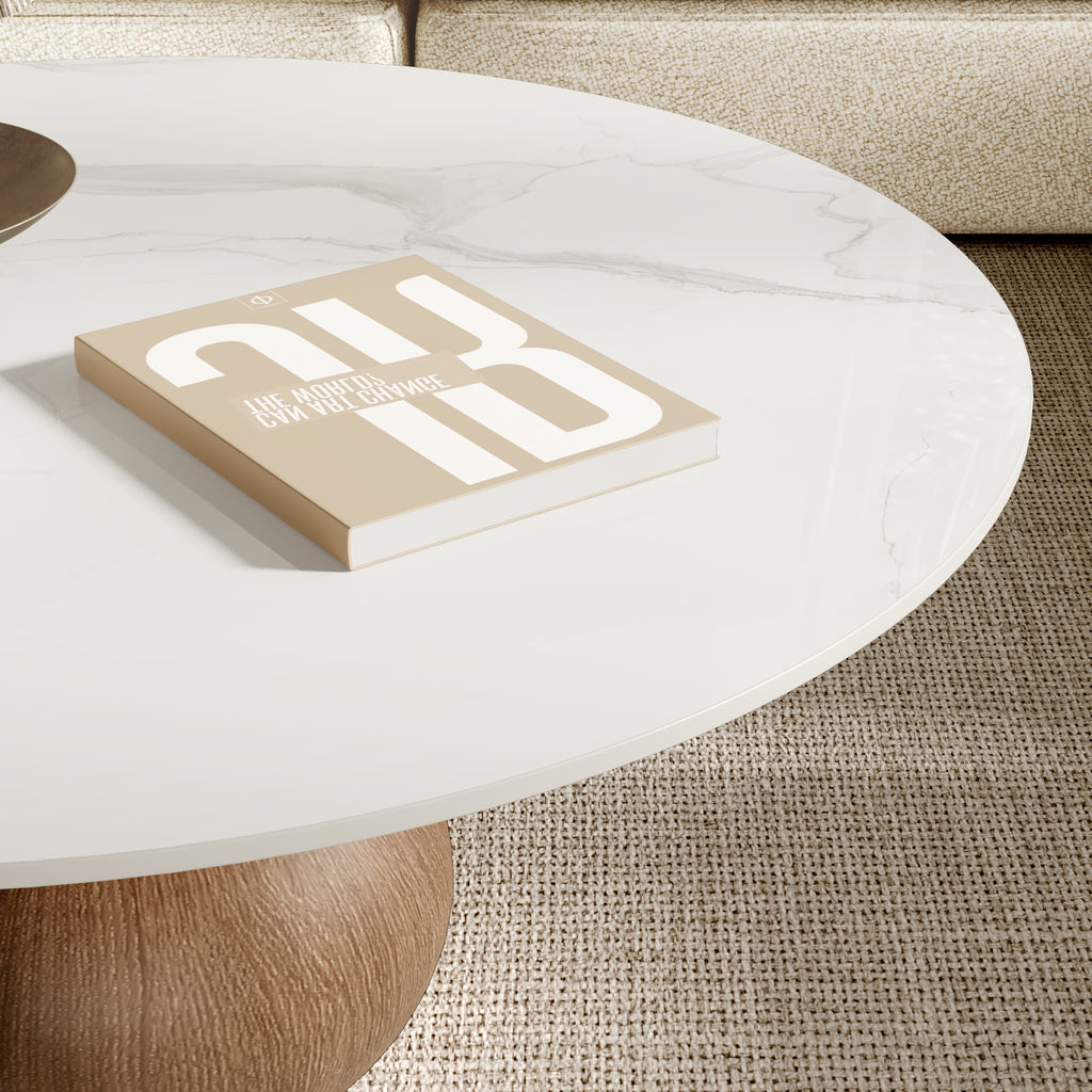 Modern Round Coffee Table with Sintered Stone Top & Solid Wood Base - image 1