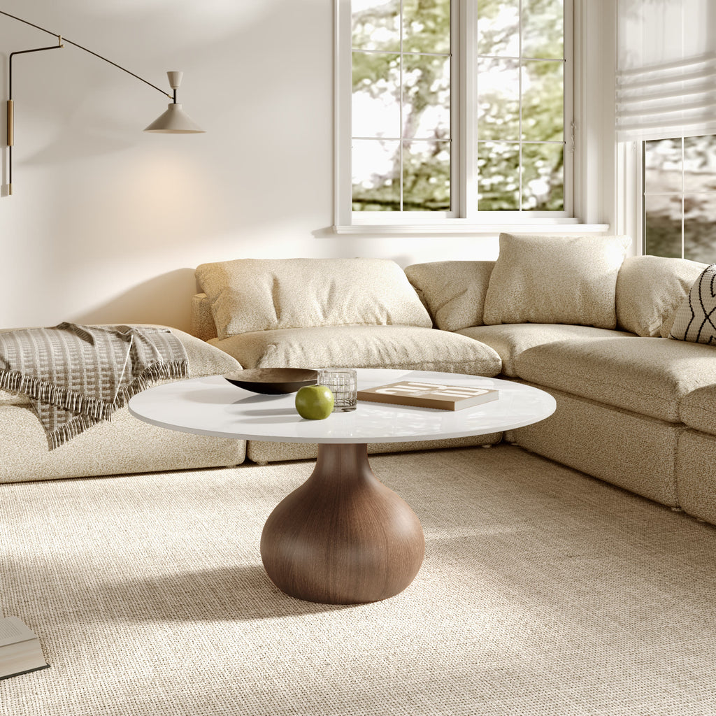 Modern Round Coffee Table with Sintered Stone Top & Solid Wood Base - image 2