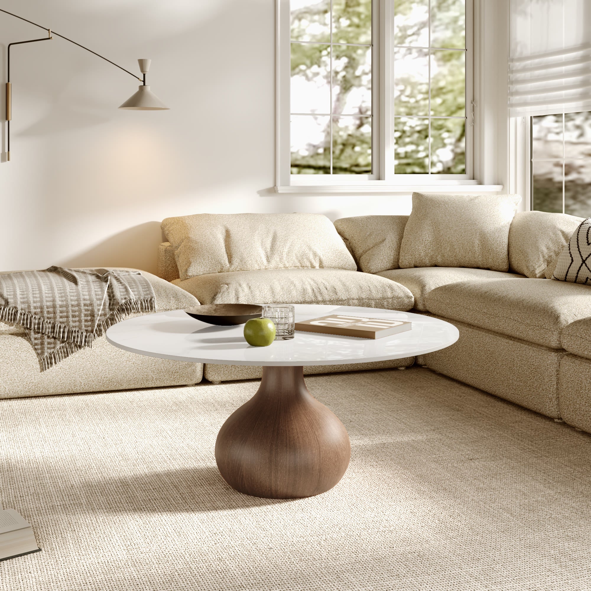 Modern Round Coffee Table with Sintered Stone Top & Solid Wood Base - image 2