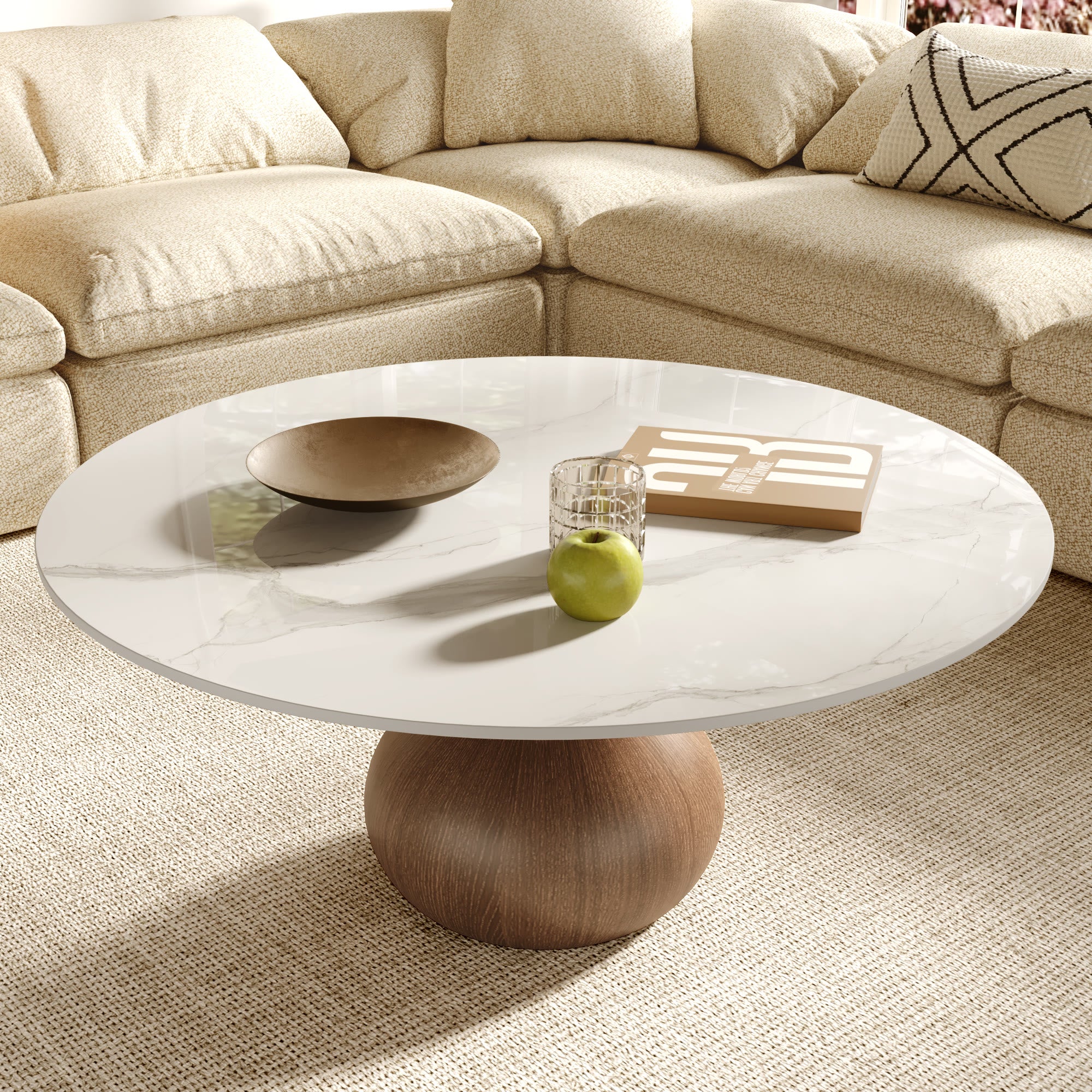 Modern Round Coffee Table with Sintered Stone Top & Solid Wood Base - Snowy White - 41" Table - image 0