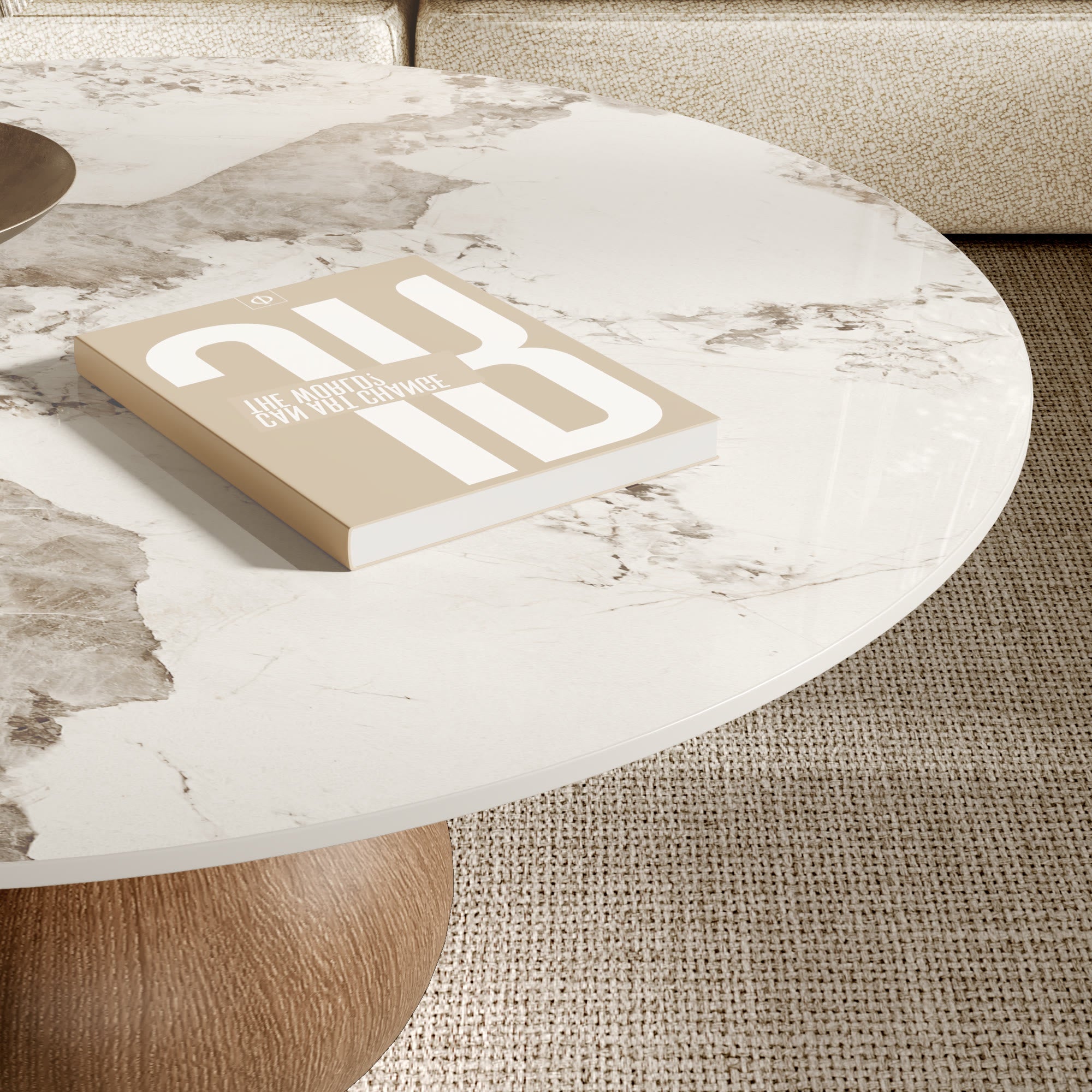 Modern Round Coffee Table with Sintered Stone Top & Solid Wood Base - image 4