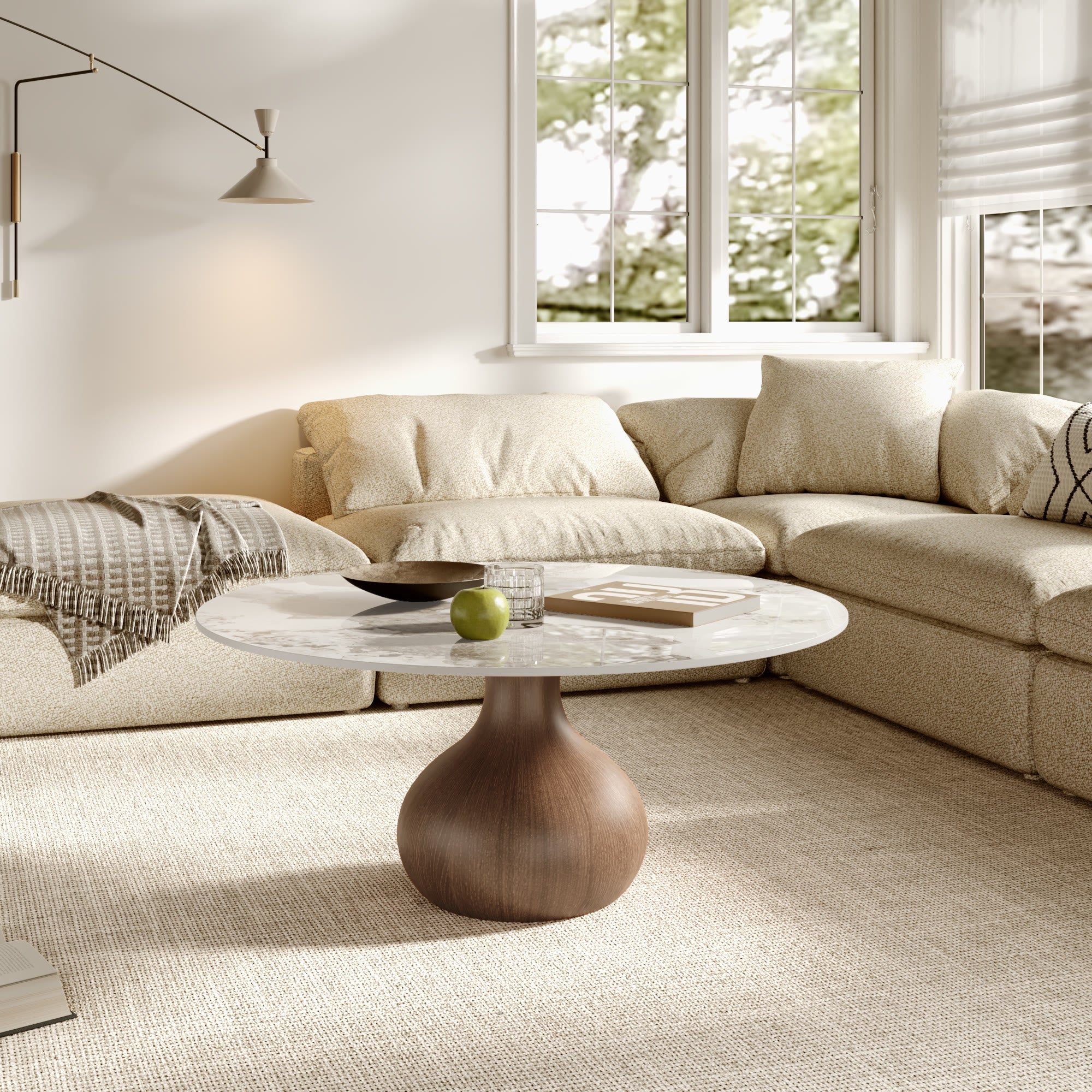 Modern Round Coffee Table with Sintered Stone Top & Solid Wood Base - image 5