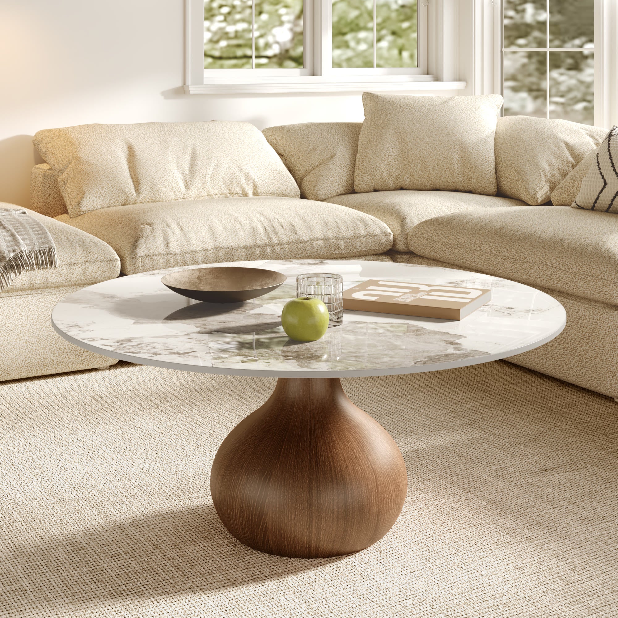 Modern Round Coffee Table with Sintered Stone Top & Solid Wood Base - Pandora - 41" Table - image 3