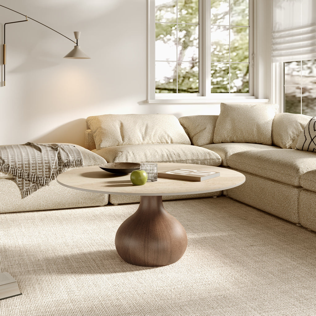 Modern Round Coffee Table with Sintered Stone Top & Solid Wood Base - image 8