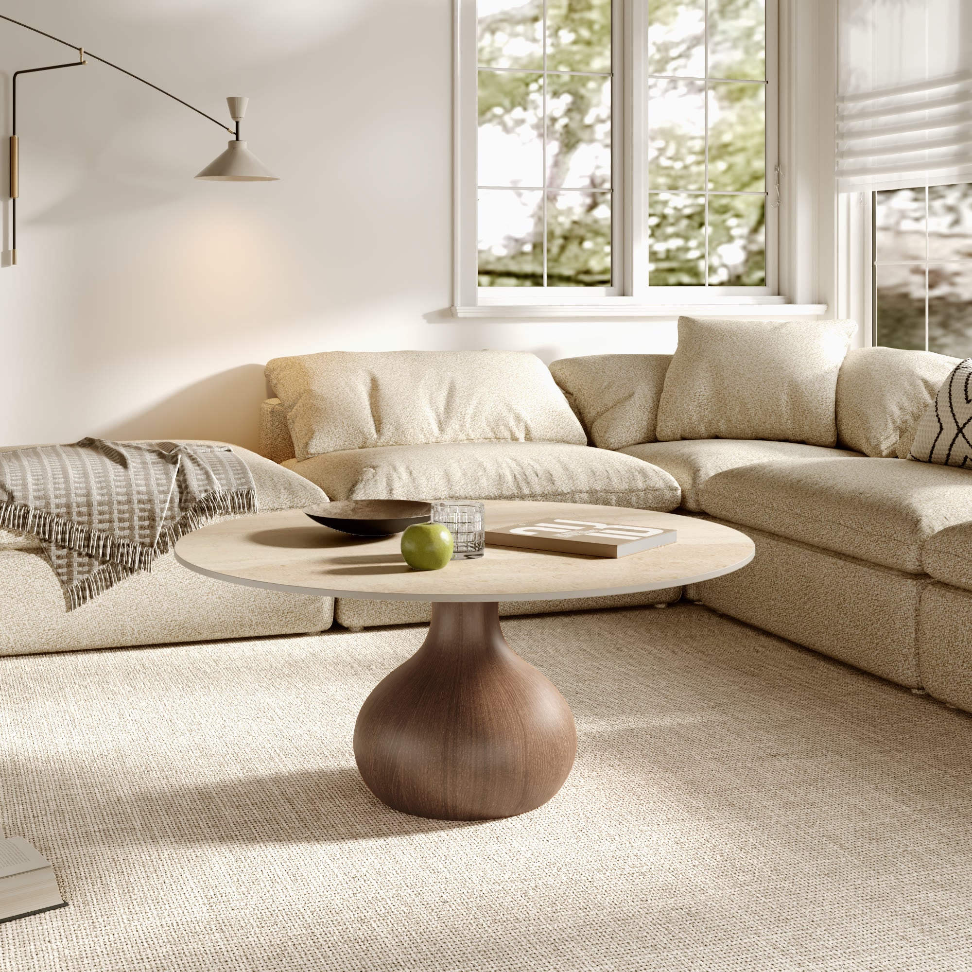 Modern Round Coffee Table with Sintered Stone Top & Solid Wood Base - image 8
