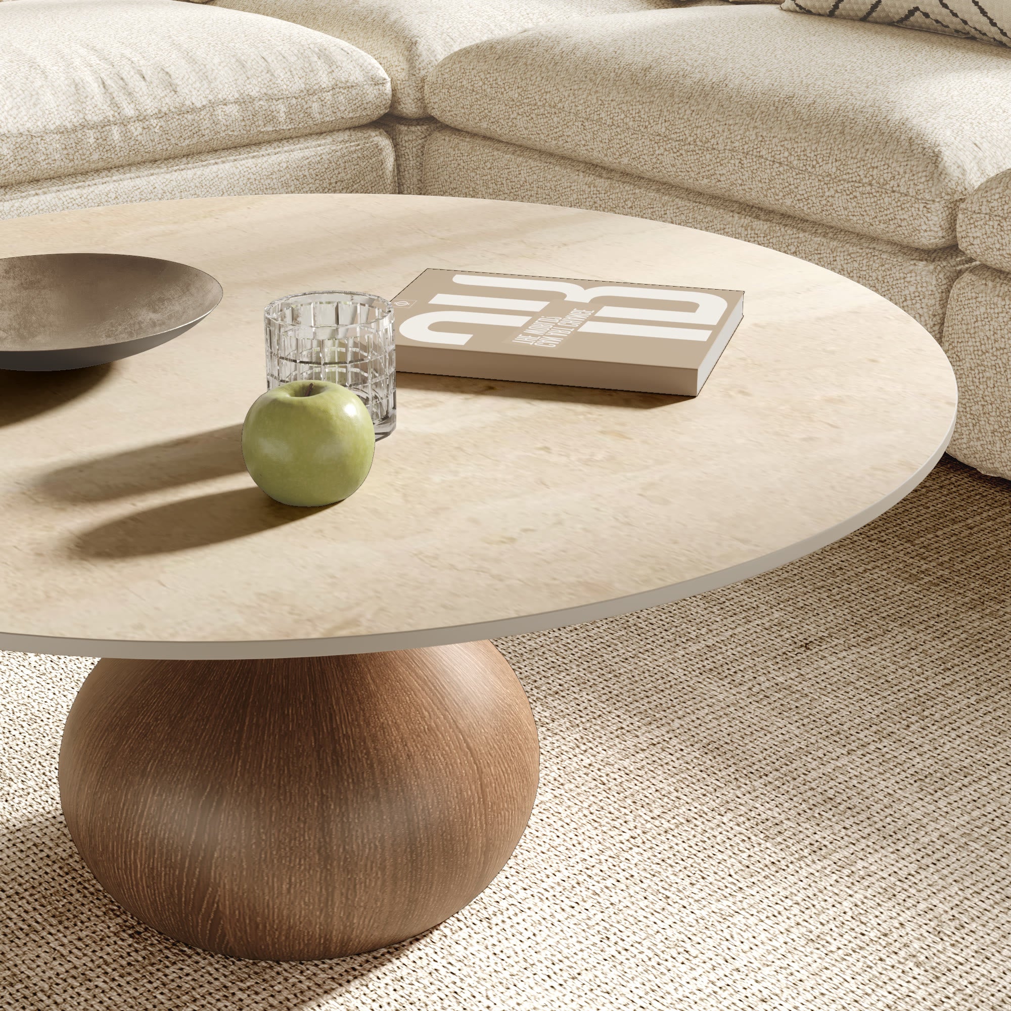 Modern Round Coffee Table with Sintered Stone Top & Solid Wood Base - image 7