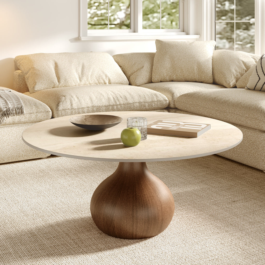 Modern Round Coffee Table with Sintered Stone Top & Solid Wood Base - Travertine - 41" Table - image 6