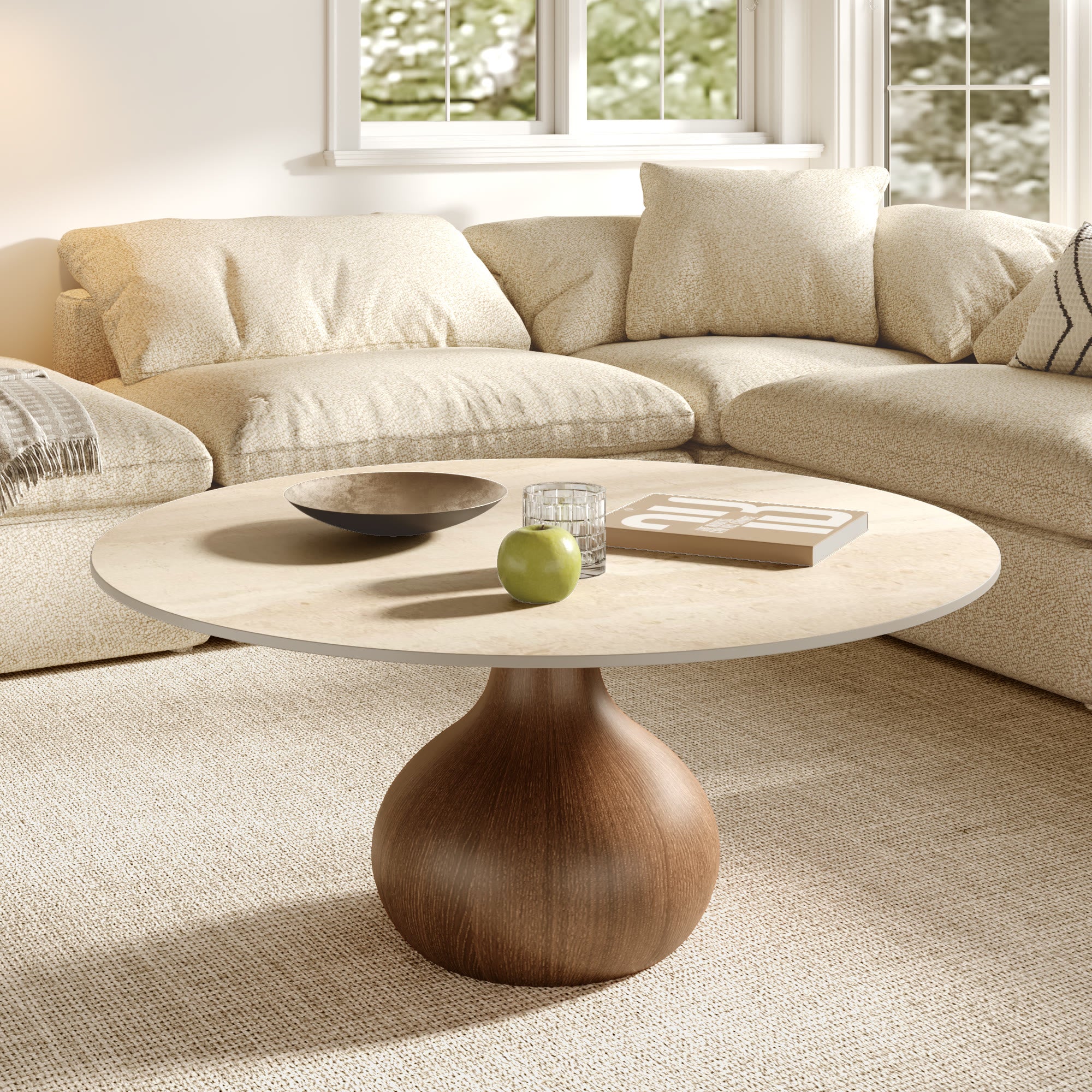 Modern Round Coffee Table with Sintered Stone Top & Solid Wood Base - Travertine - 41" Table - image 6