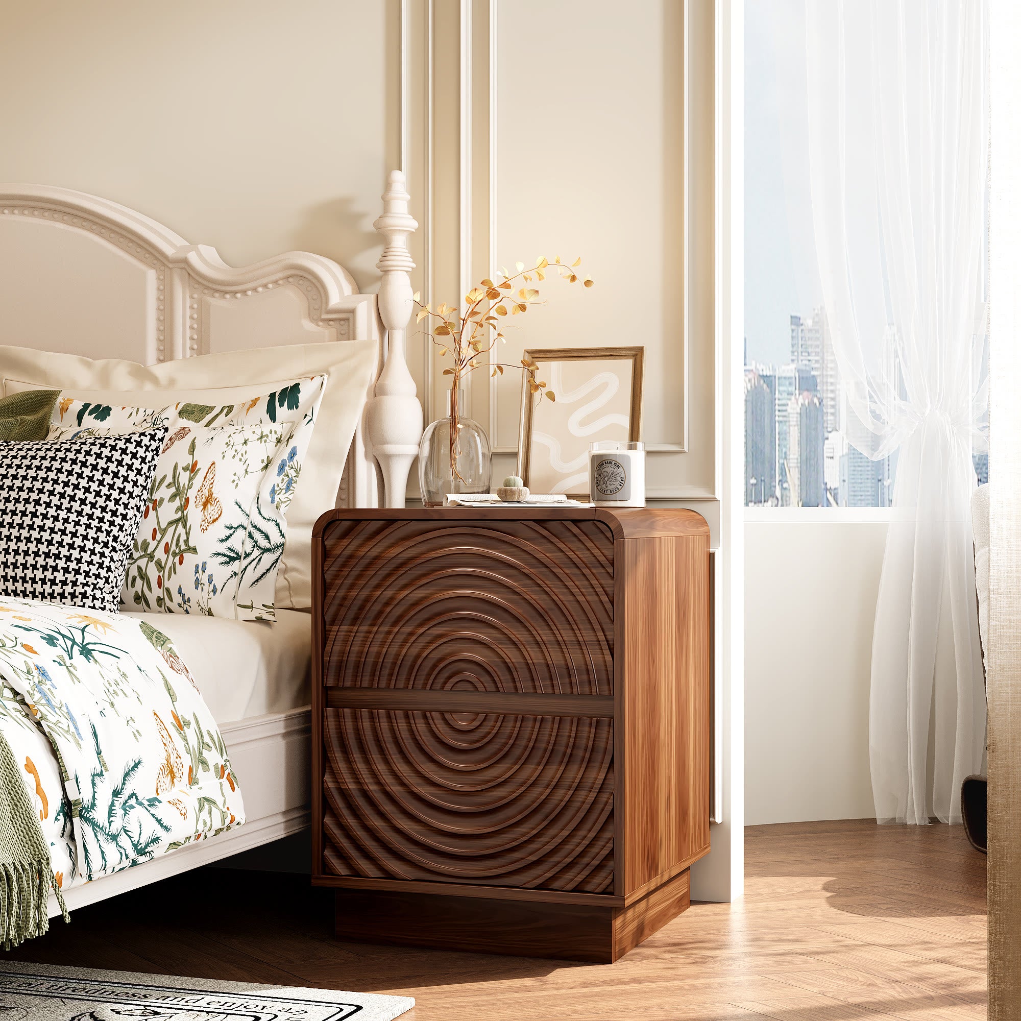 Artistic Wave Carved Nightstand - 2x Walnut - image 1