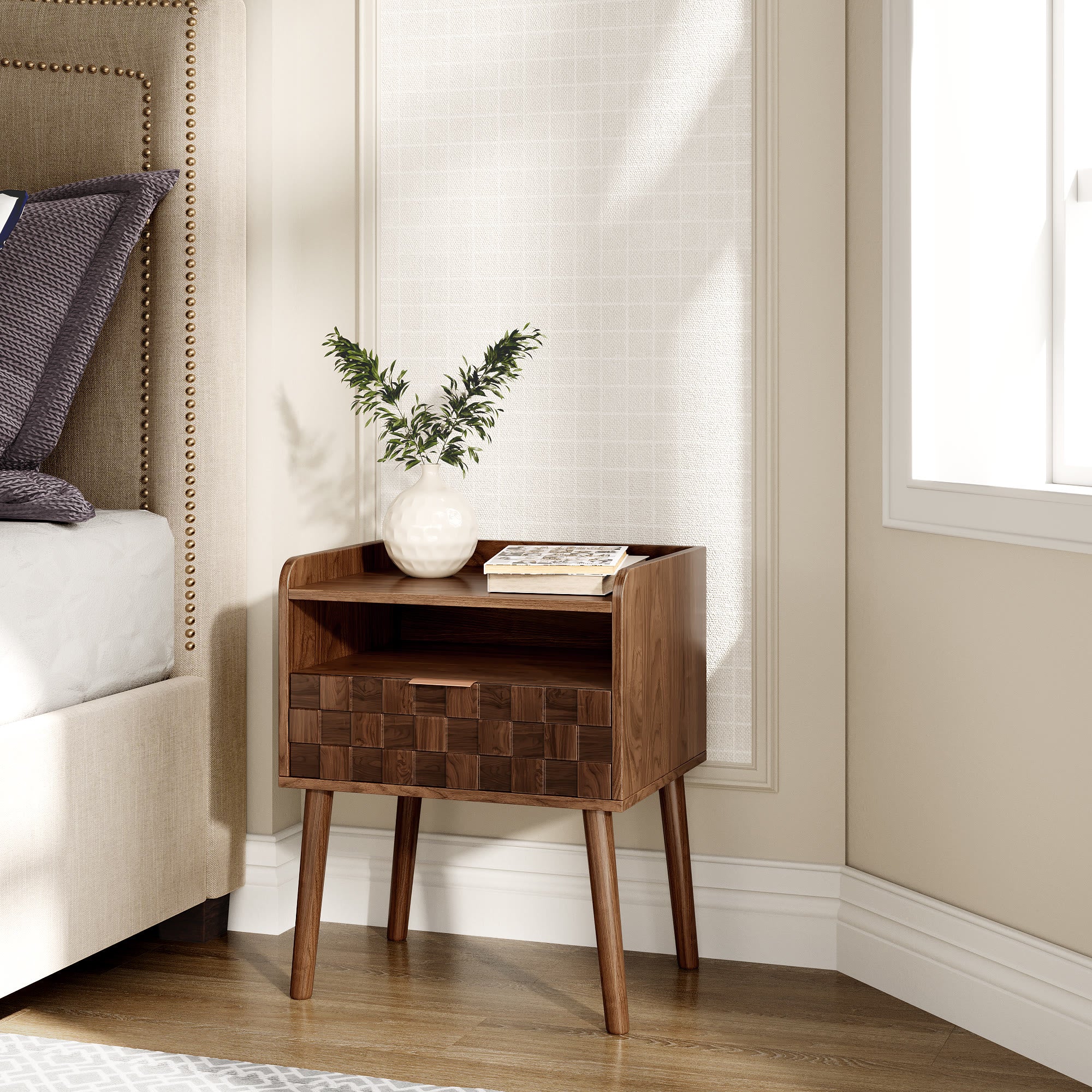 Modern Rattan-Style Nightstand with Storage - Walnut - image 1