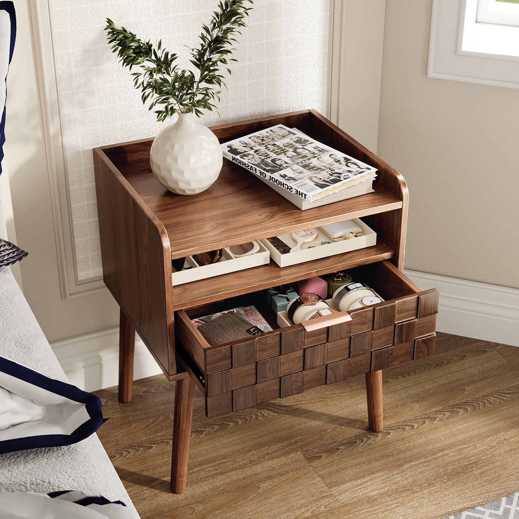 Modern Rattan-Style Nightstand with Storage - image 2