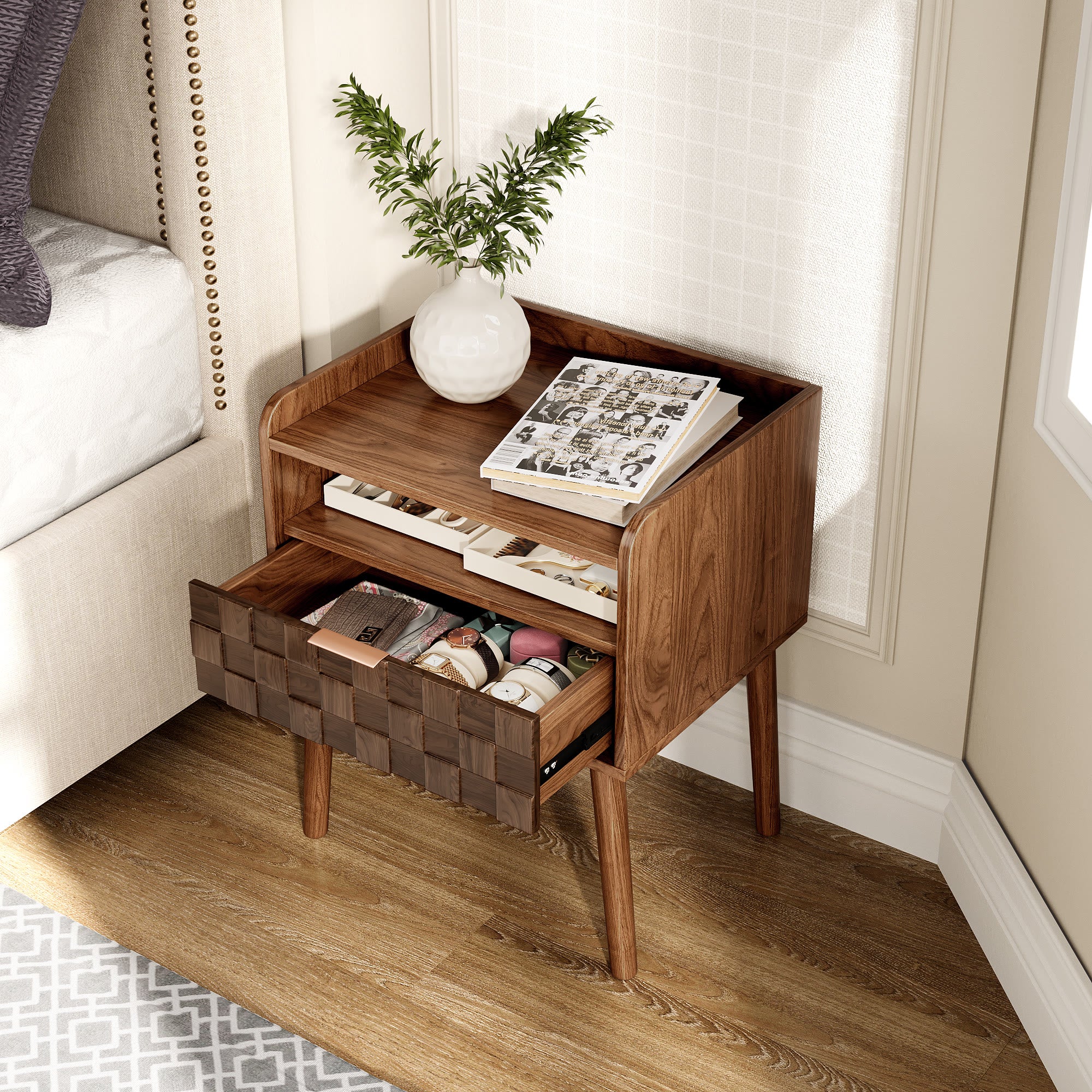 Modern Rattan-Style Nightstand with Storage - image 3
