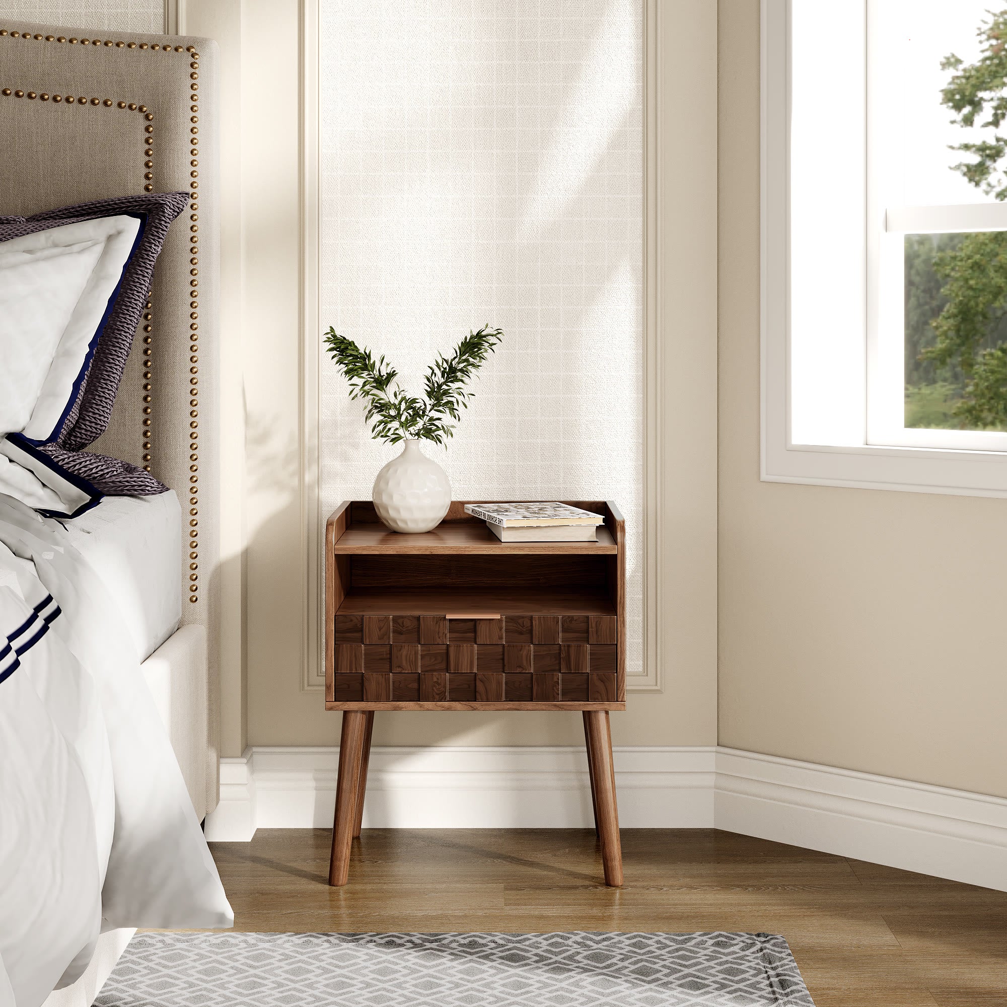 Modern Rattan-Style Nightstand with Storage - 2x Walnut - image 4