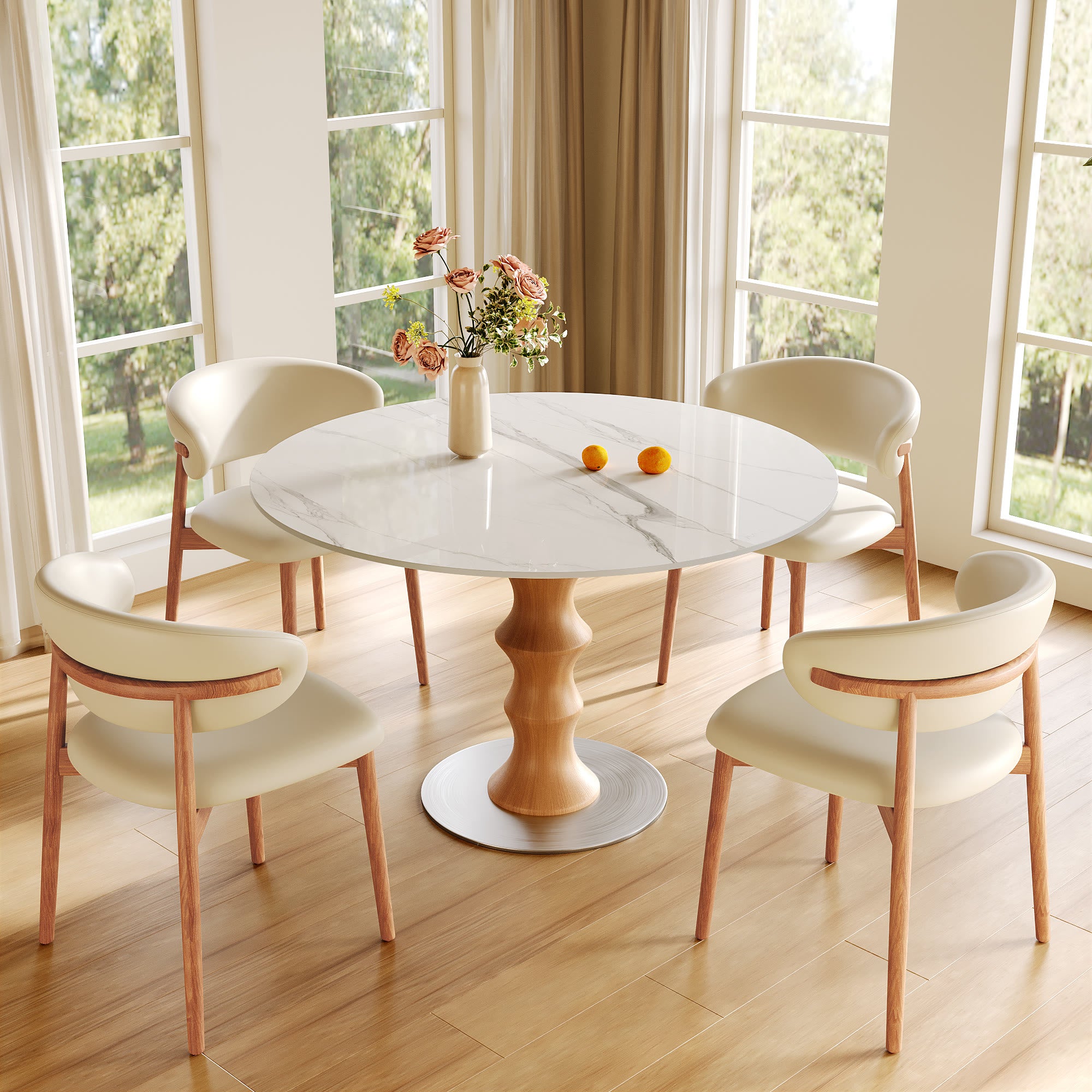 Mid-Century Modern Solid Wood Round Dining Table with Sintered Stone Top For 2-4 - image 2
