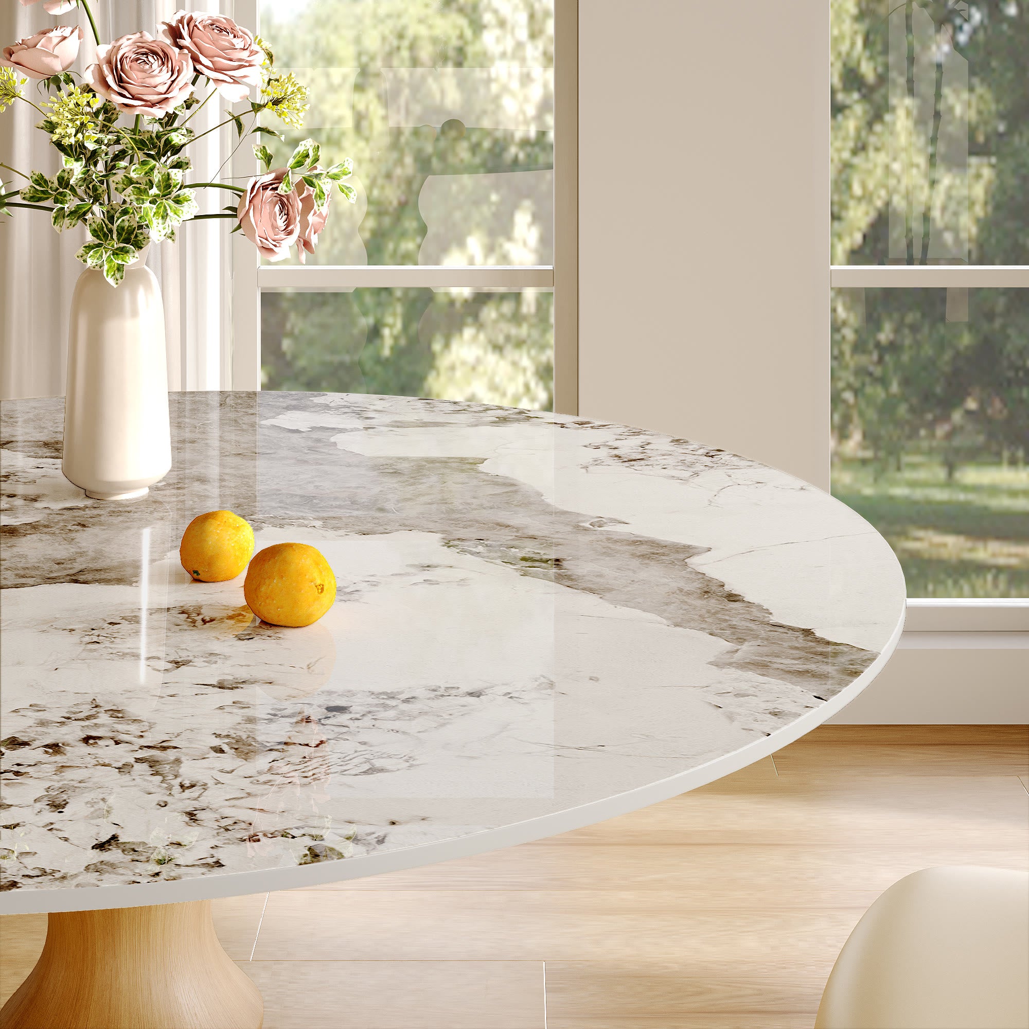 Mid-Century Modern Solid Wood Round Dining Table with Sintered Stone Top For 2-4 - image 4
