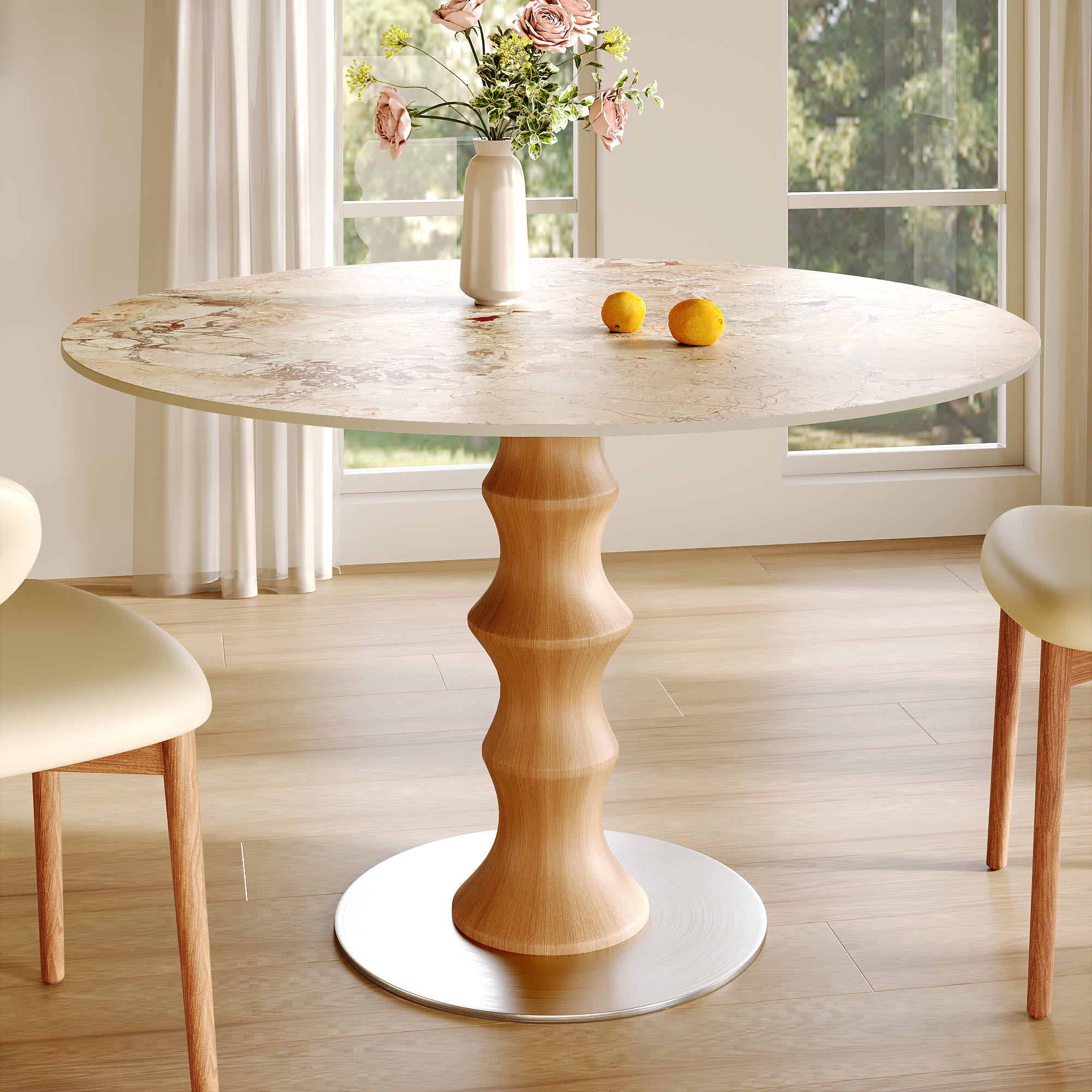 Mid-Century Modern Solid Wood Round Dining Table with Sintered Stone Top For 2-4 - Wood+Creamy - 43" Table - image 5