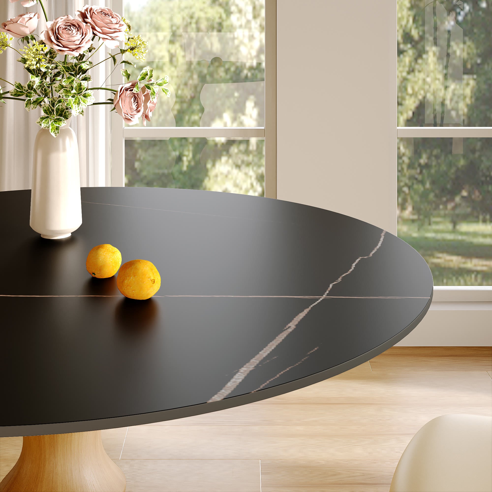 Mid-Century Modern Solid Wood Round Dining Table with Sintered Stone Top For 2-4 - image 8