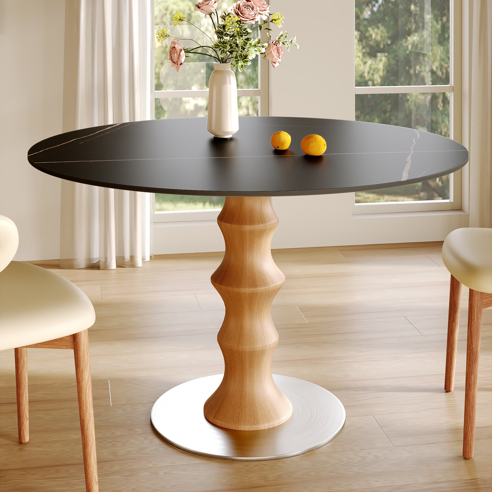Mid-Century Modern Solid Wood Round Dining Table with Sintered Stone Top For 2-4 - Wood+Black - 43" Table - image 7