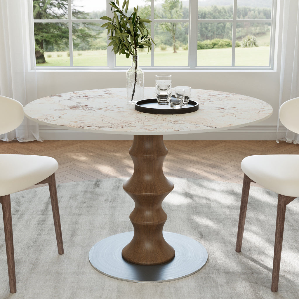 Mid-Century Modern Solid Wood Round Dining Table with Sintered Stone Top For 2-4 - Dark Walnut+Creamy - 43" Table - image 14