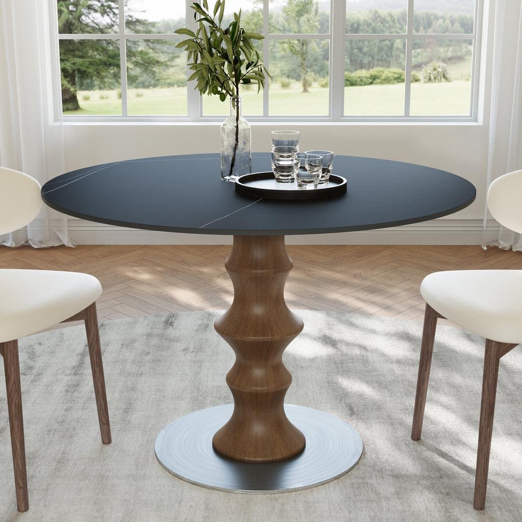 Mid-Century Modern Solid Wood Round Dining Table with Sintered Stone Top For 2-4 - Dark Walnut+Black - 43" Table - image 16