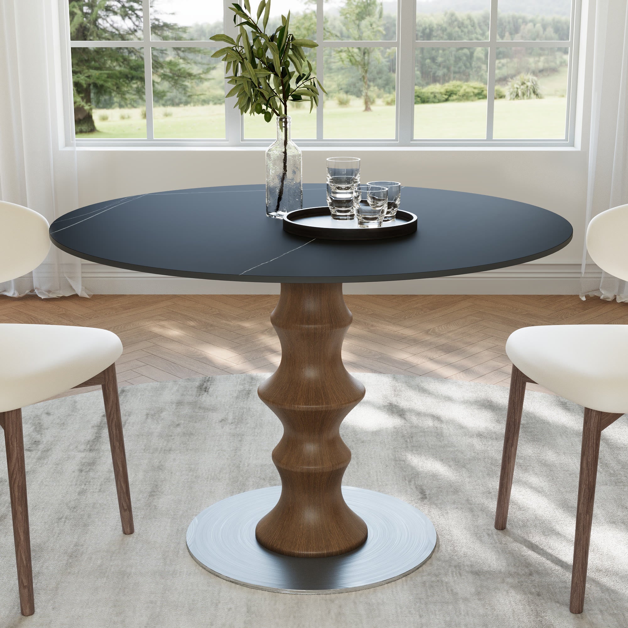 Mid-Century Modern Solid Wood Round Dining Table with Sintered Stone Top For 2-4 - Dark Walnut+Black - 43" Table - image 16