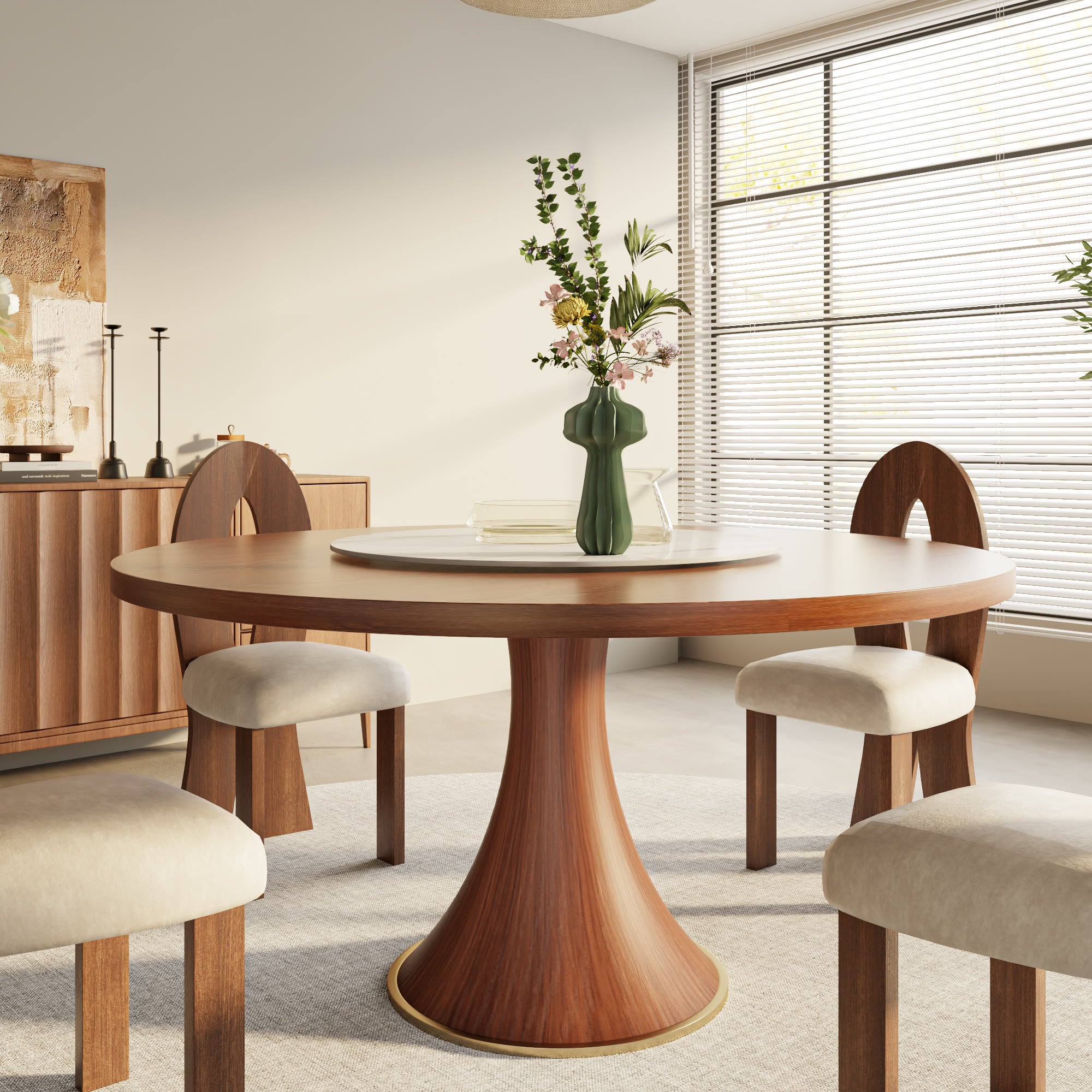 Aurelia Walnut Round Solid Wood Pedestal Dining Table with Snow White Stone Lazy Susan - 59.05'' W X 59.05'' D X 29.53'' H - image 0