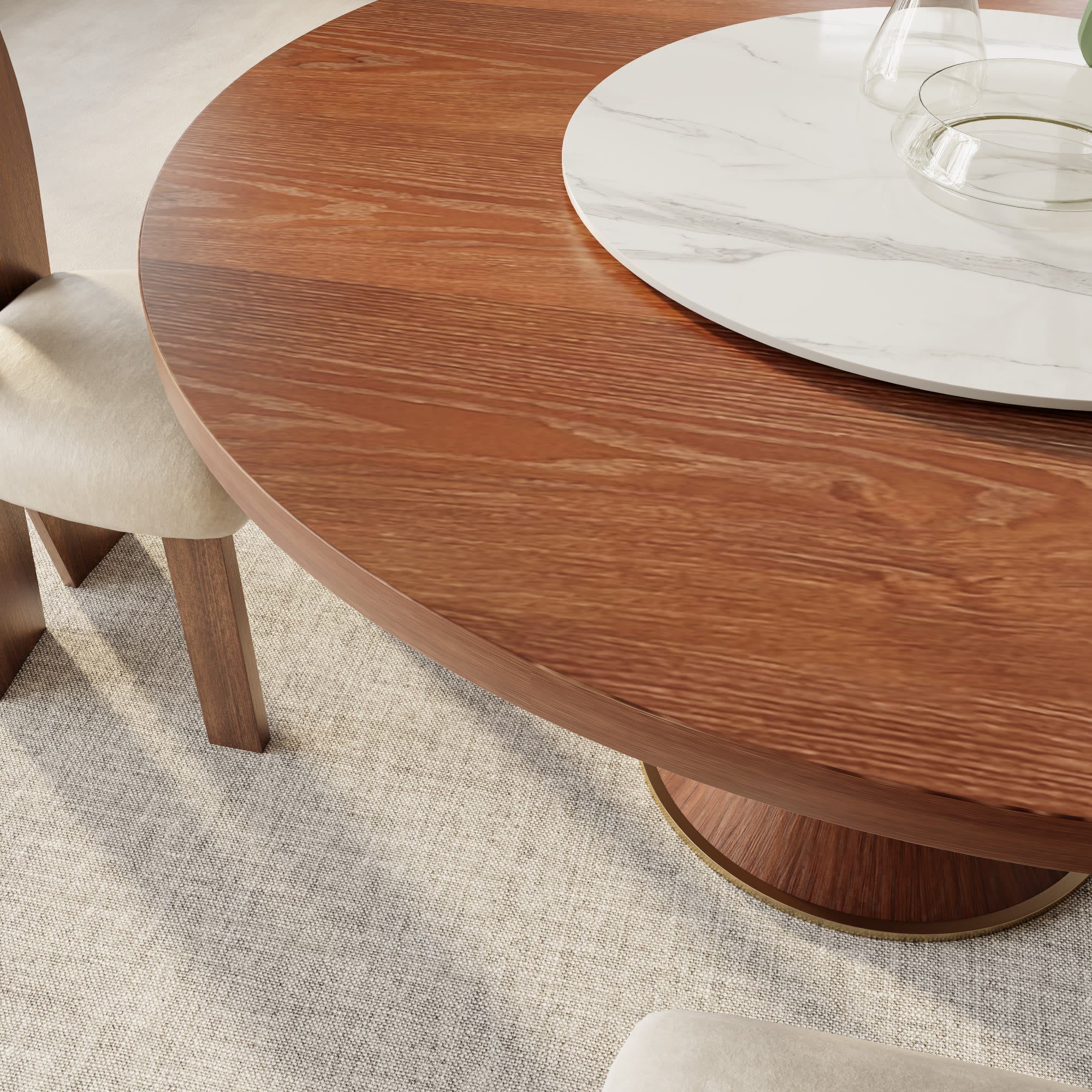 Aurelia Walnut Round Solid Wood Pedestal Dining Table with Snow White Stone Lazy Susan - image 3