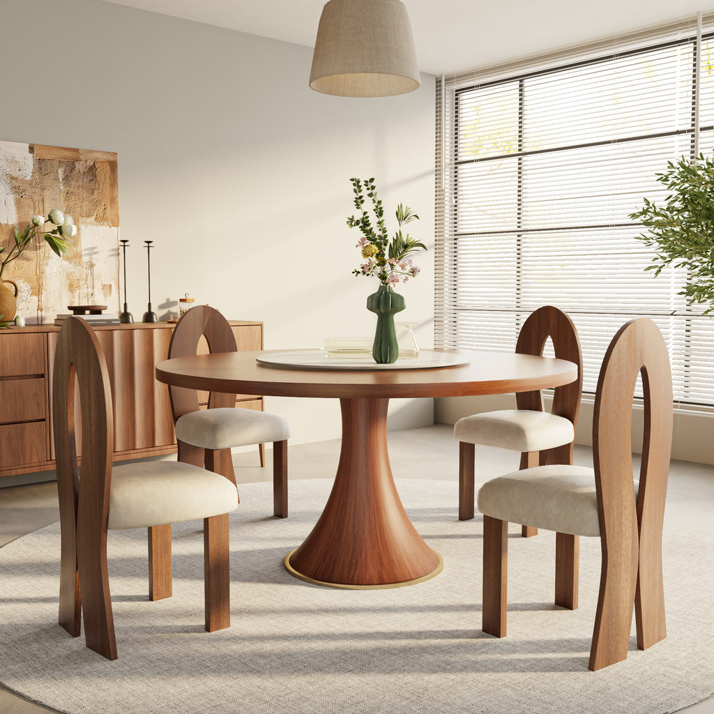 Aurelia Walnut Round Solid Wood Pedestal Dining Table with Snow White Stone Lazy Susan - image 5