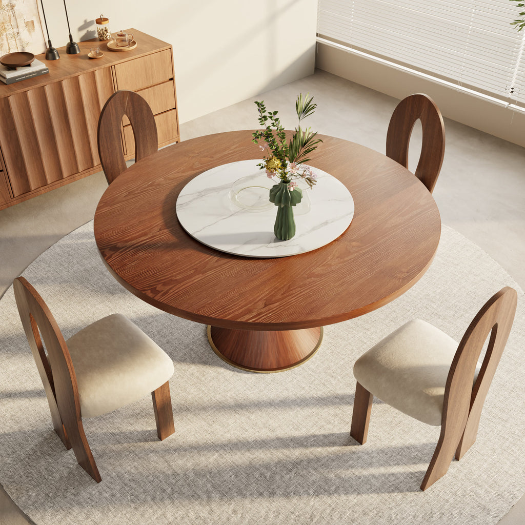 Aurelia Walnut Round Solid Wood Pedestal Dining Table with Snow White Stone Lazy Susan - image 4