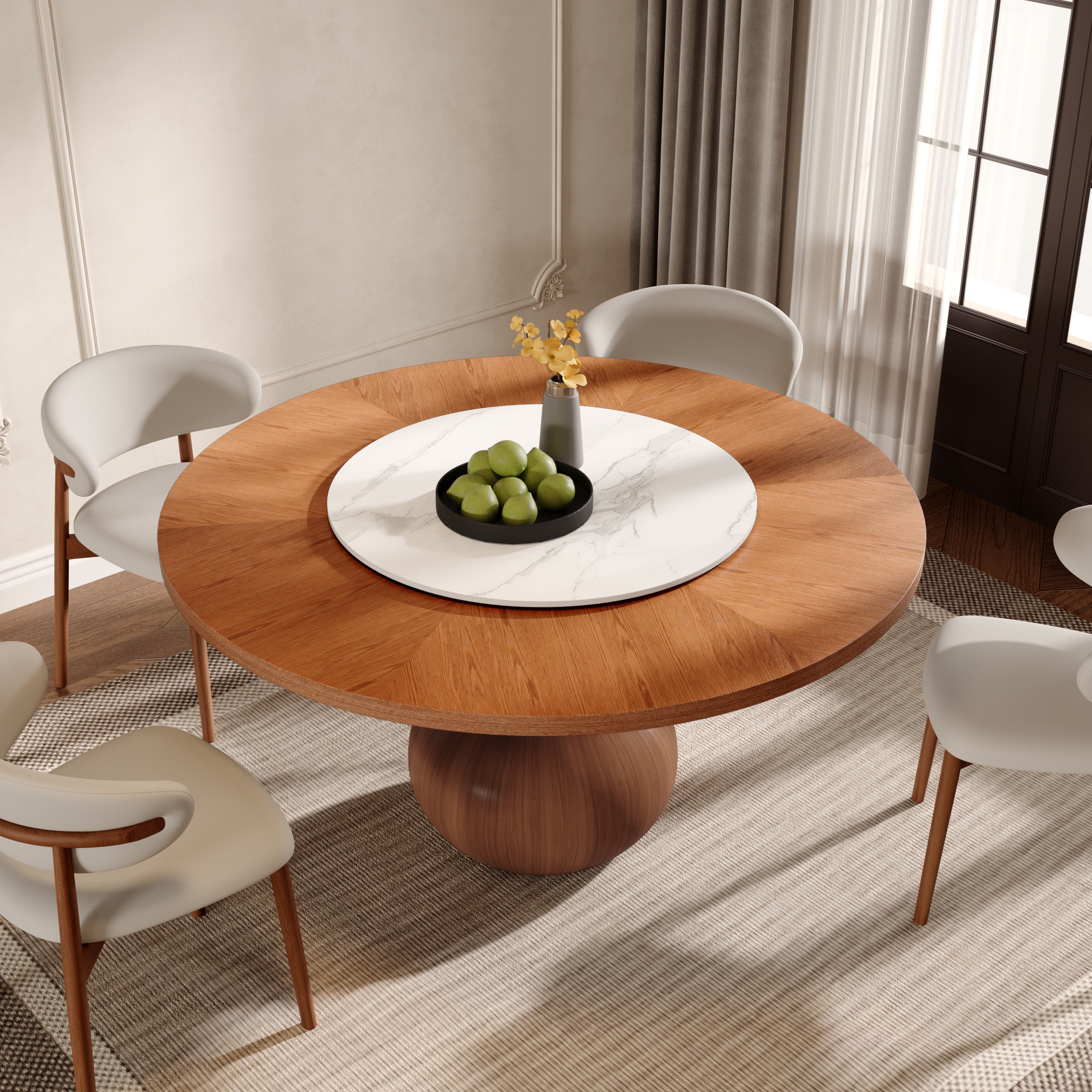Centria Round Solid Wood Dining Table with Removable White Glossy Stone Lazy Susan - image 4