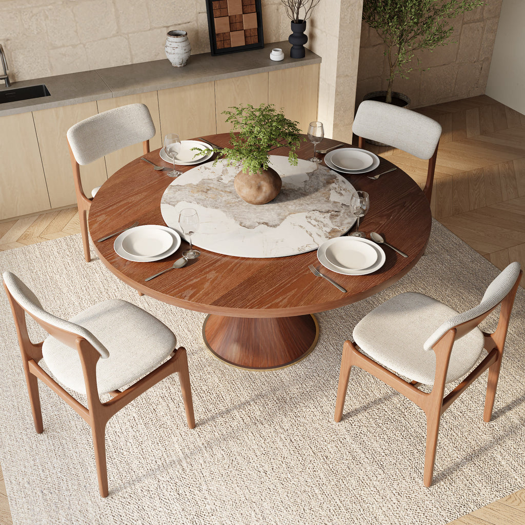 Aurelia Walnut Round Solid Wood Pedestal Dining Table with Pandora Stone Lazy Susan - image 4