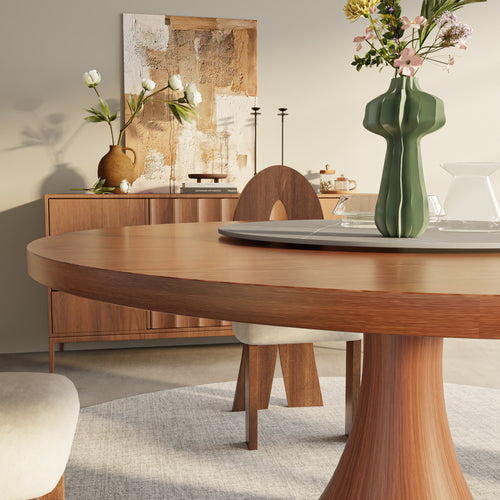 Aurelia Walnut Round Solid Wood Pedestal Dining Table with Gray Stone Lazy Susan - image 1