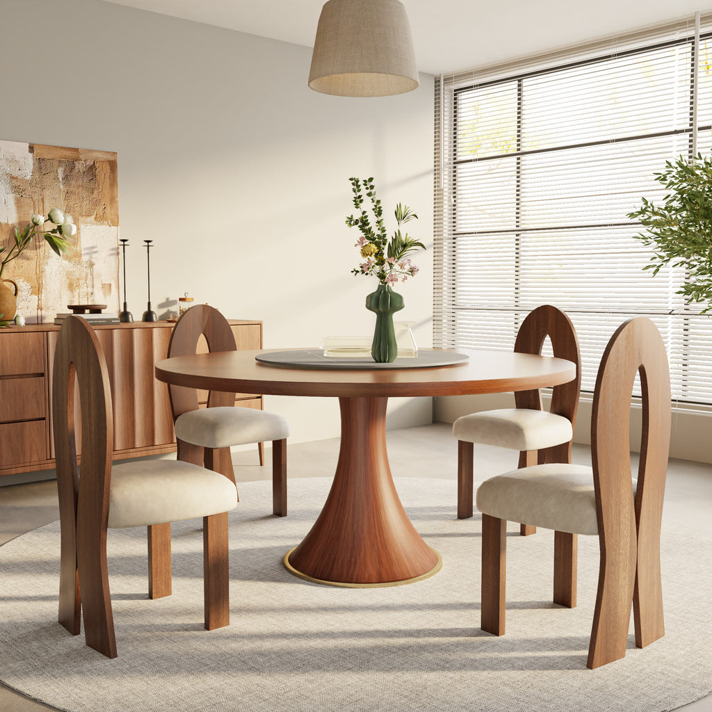 Aurelia Walnut Round Solid Wood Pedestal Dining Table with Gray Stone Lazy Susan - image 5