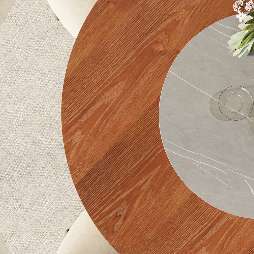 Aurelia Walnut Round Solid Wood Pedestal Dining Table with Gray Stone Lazy Susan - image 2