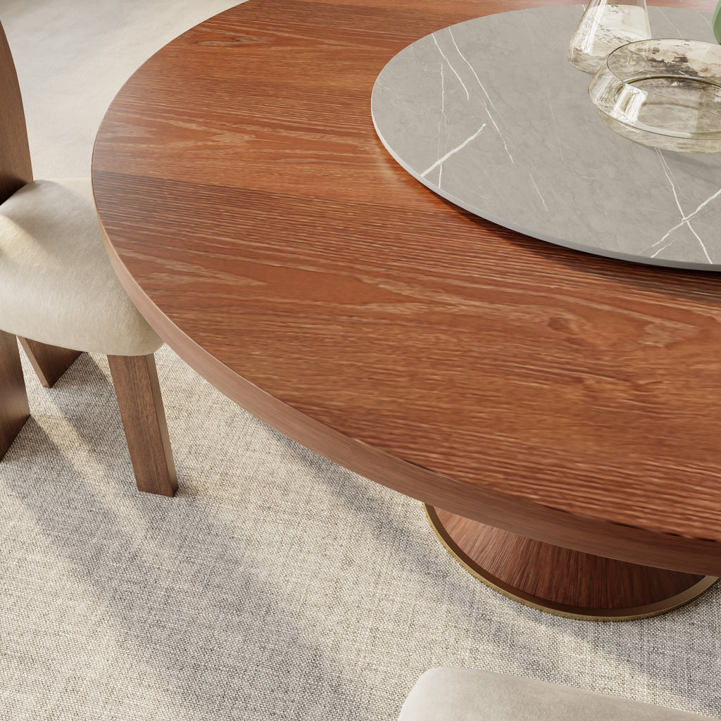 Aurelia Walnut Round Solid Wood Pedestal Dining Table with Gray Stone Lazy Susan - image 3