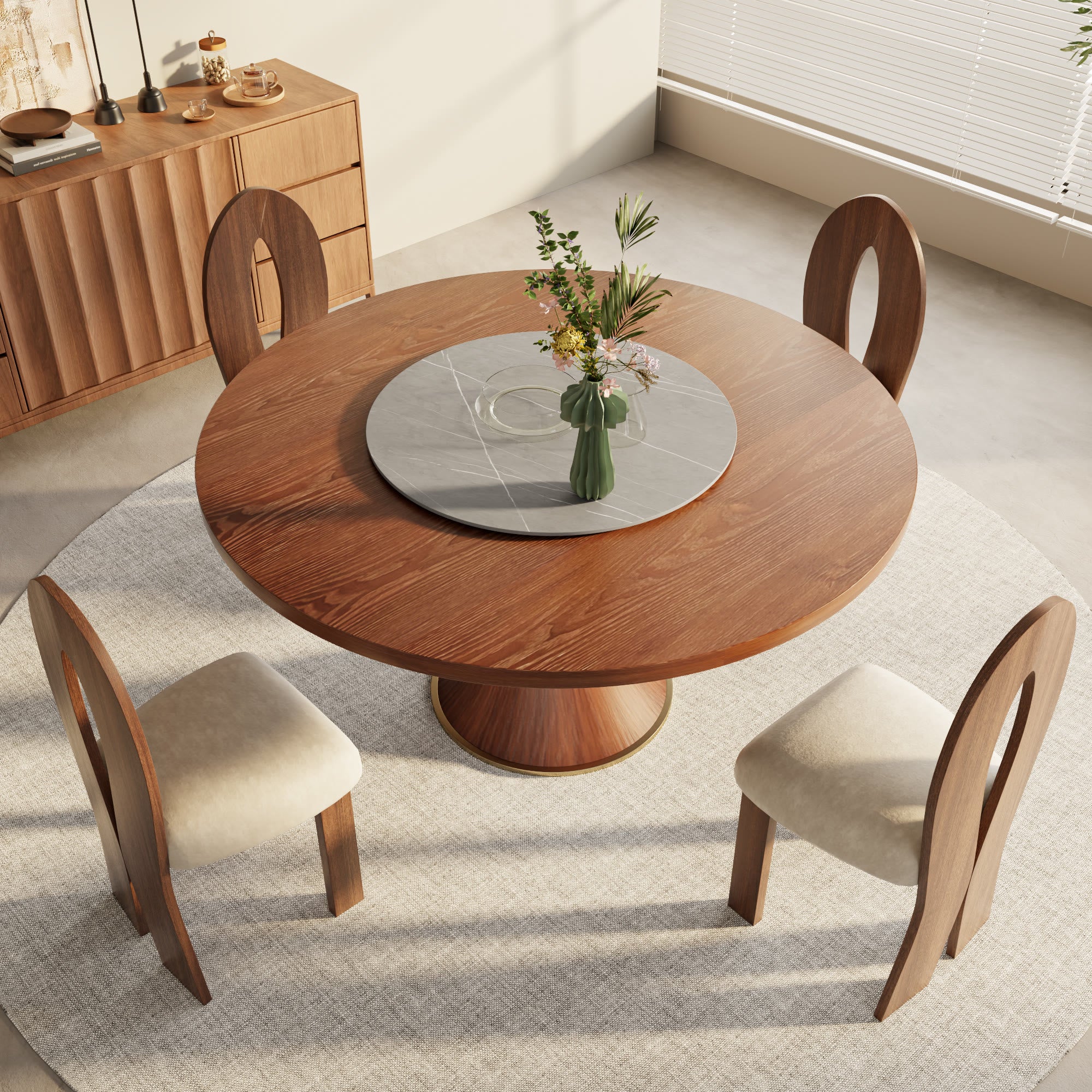Aurelia Walnut Round Solid Wood Pedestal Dining Table with Gray Stone Lazy Susan - image 4