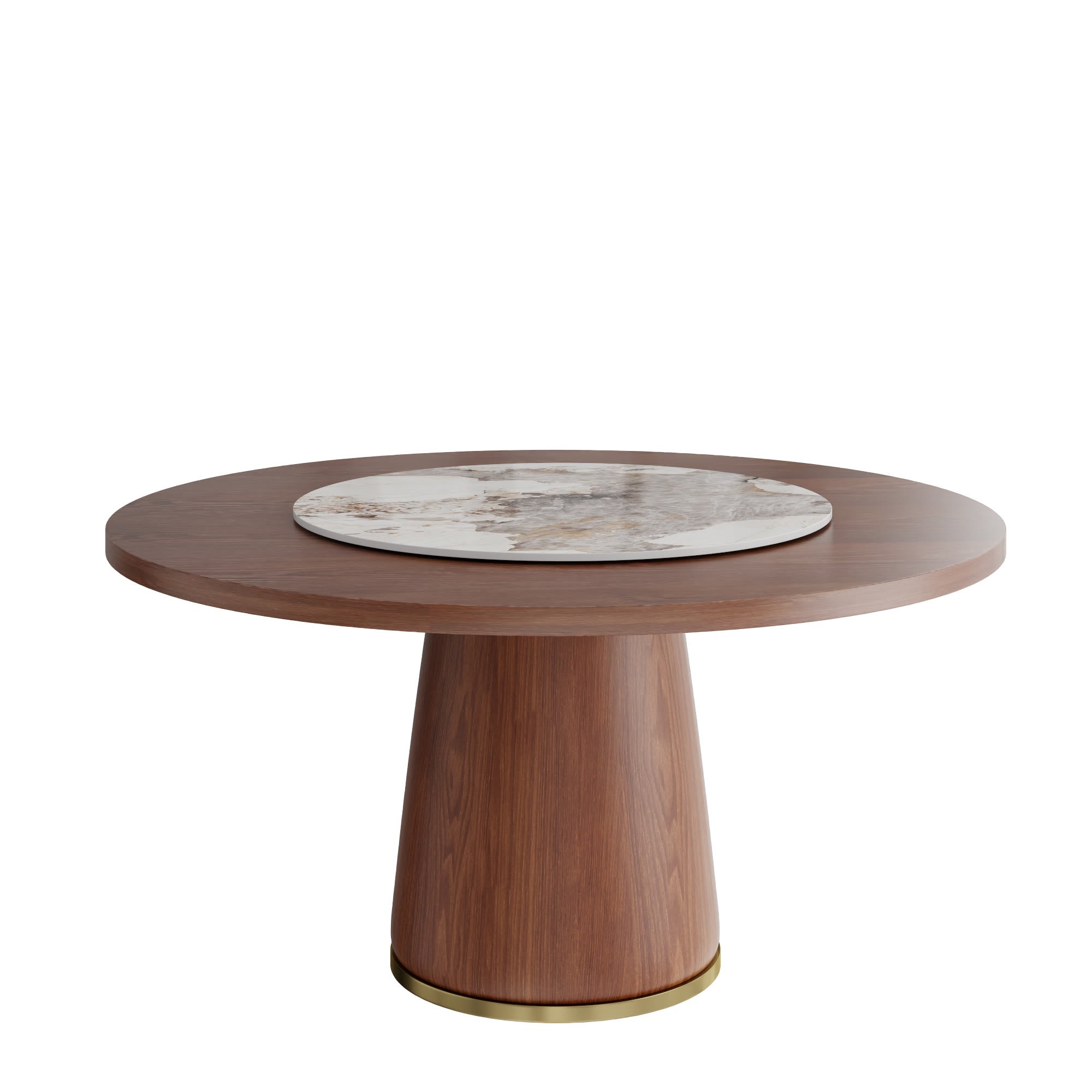 Maris Walnut Round Solid Wood Pedestal Dining Table with Pandora Stone Lazy Susan - image 1