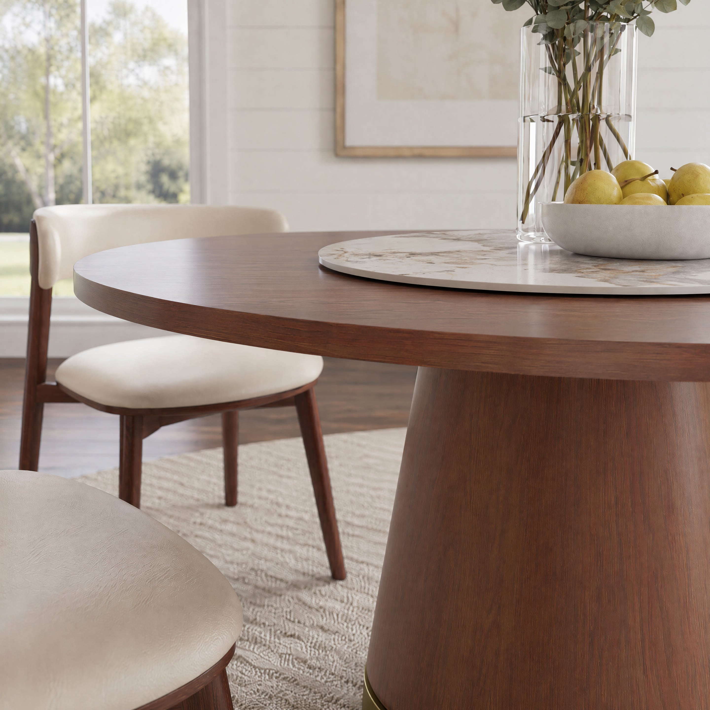 Maris Walnut Round Solid Wood Pedestal Dining Table with Pandora Stone Lazy Susan - image 5