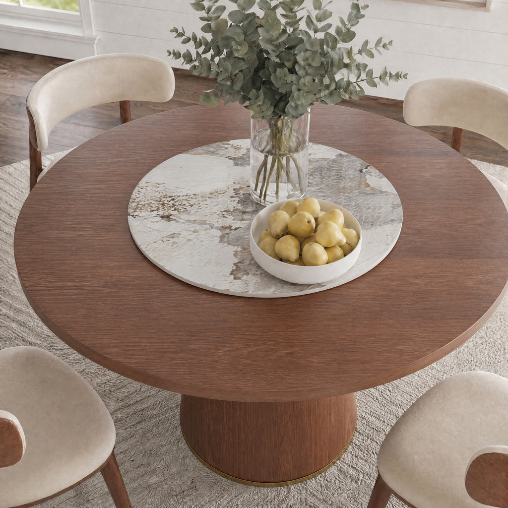 Maris Walnut Round Solid Wood Pedestal Dining Table with Pandora Stone Lazy Susan - image 7
