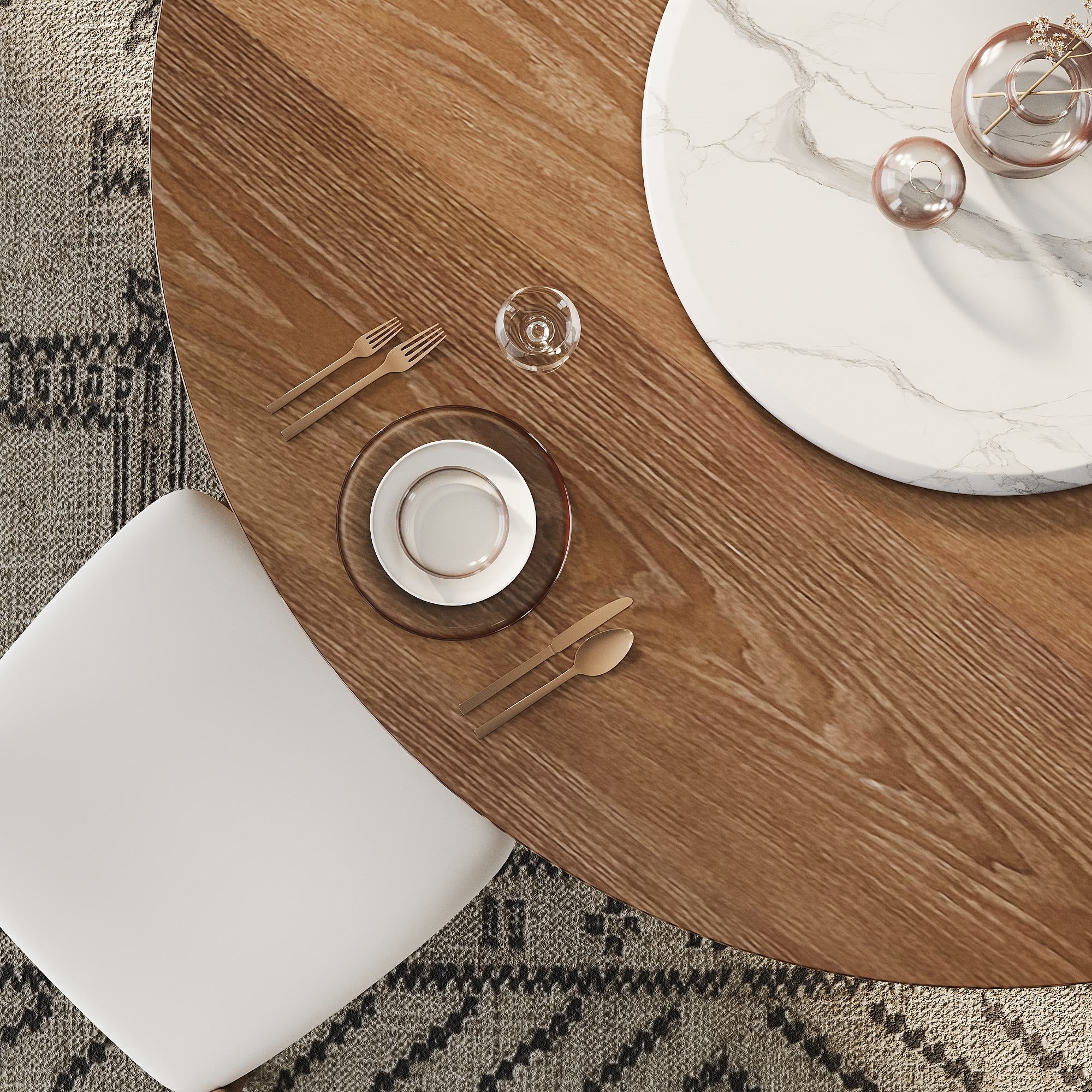 Round Solid Wood Dining Table with Snow White Sintered Stone Lazy Susan - image 1