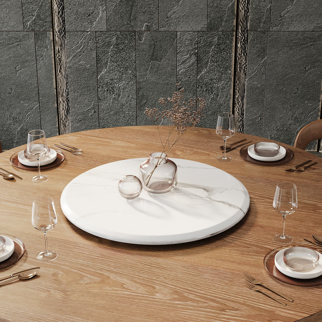 Round Solid Wood Dining Table with Snow White Sintered Stone Lazy Susan - image 2