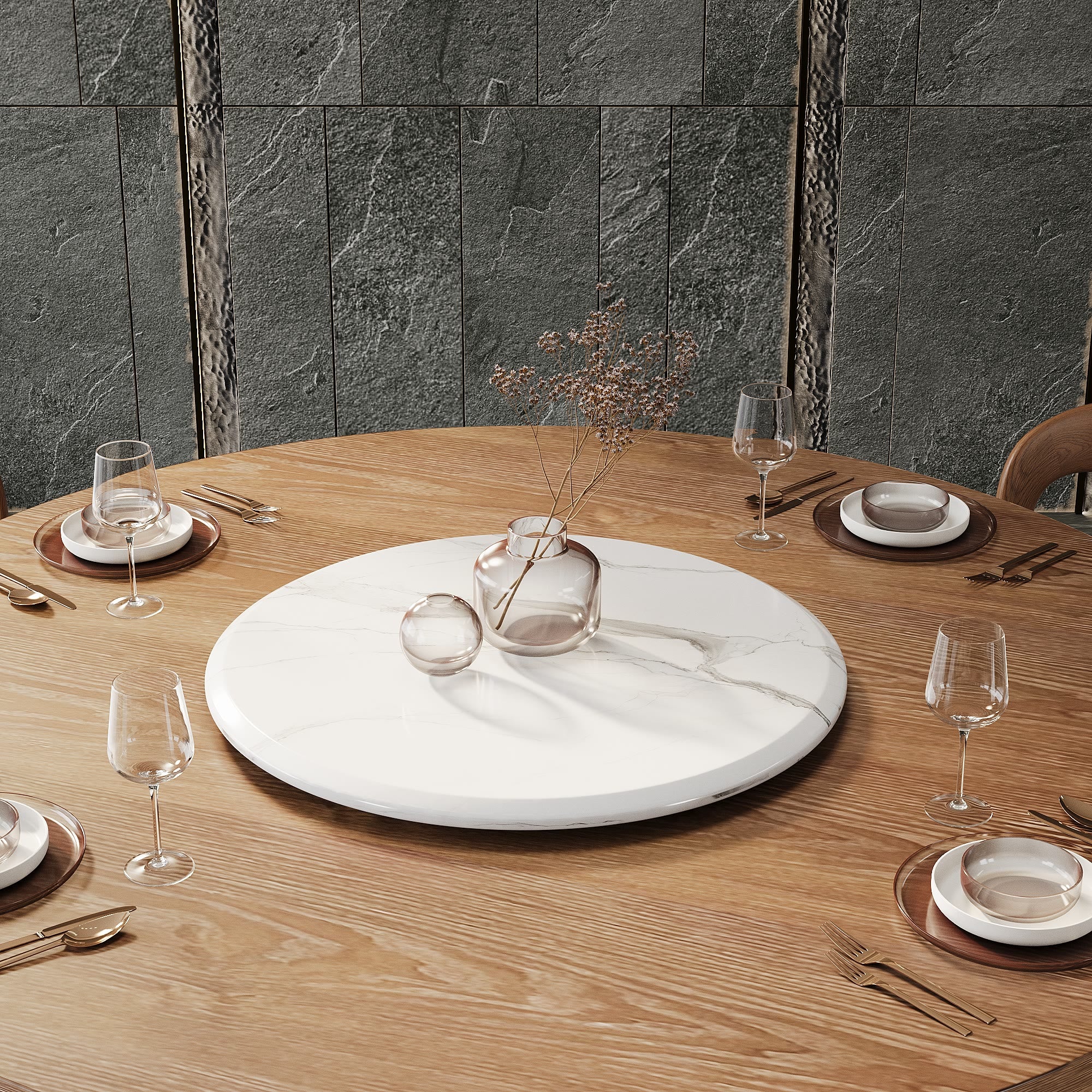 Round Solid Wood Dining Table with Snow White Sintered Stone Lazy Susan - image 2