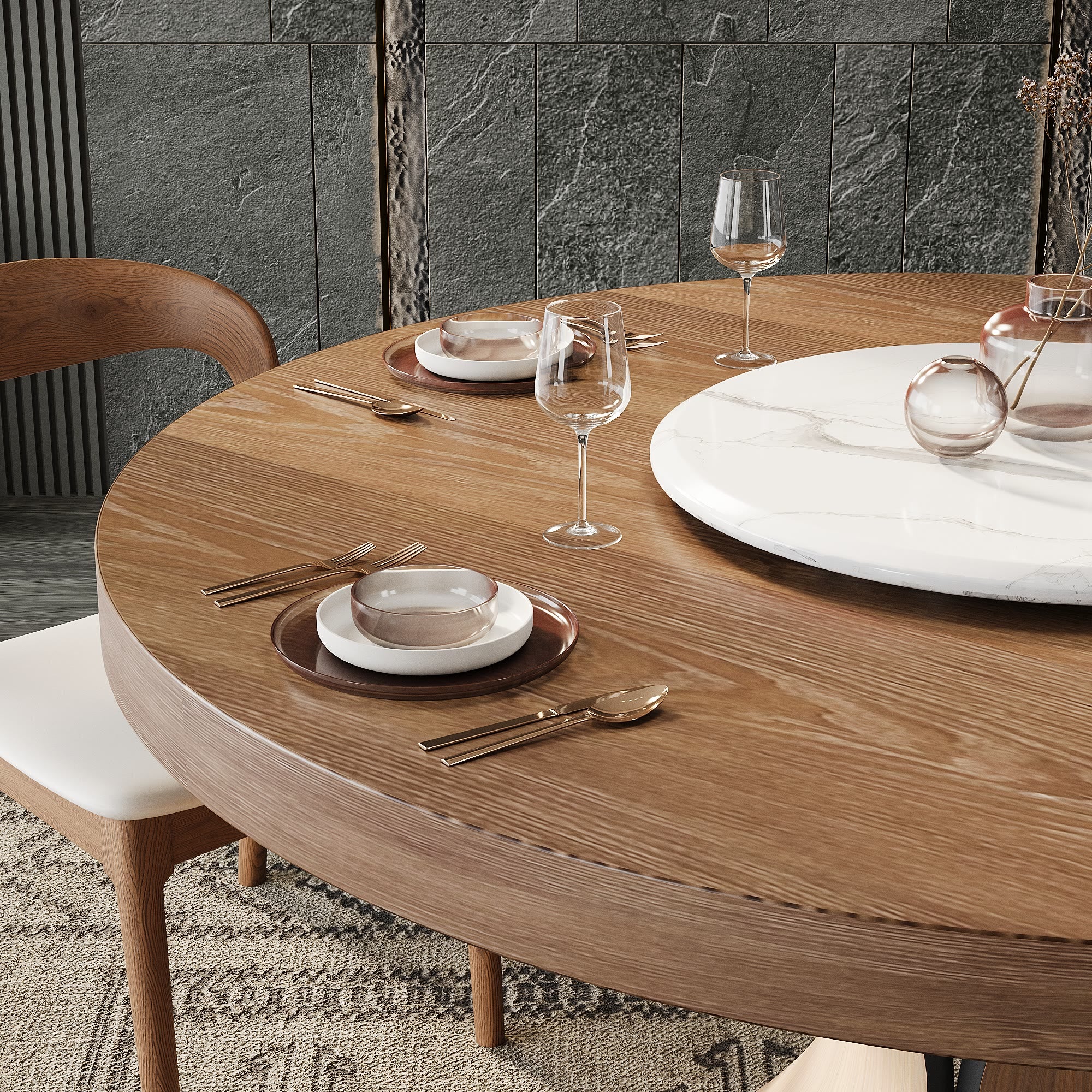 Round Solid Wood Dining Table with Snow White Sintered Stone Lazy Susan - image 3