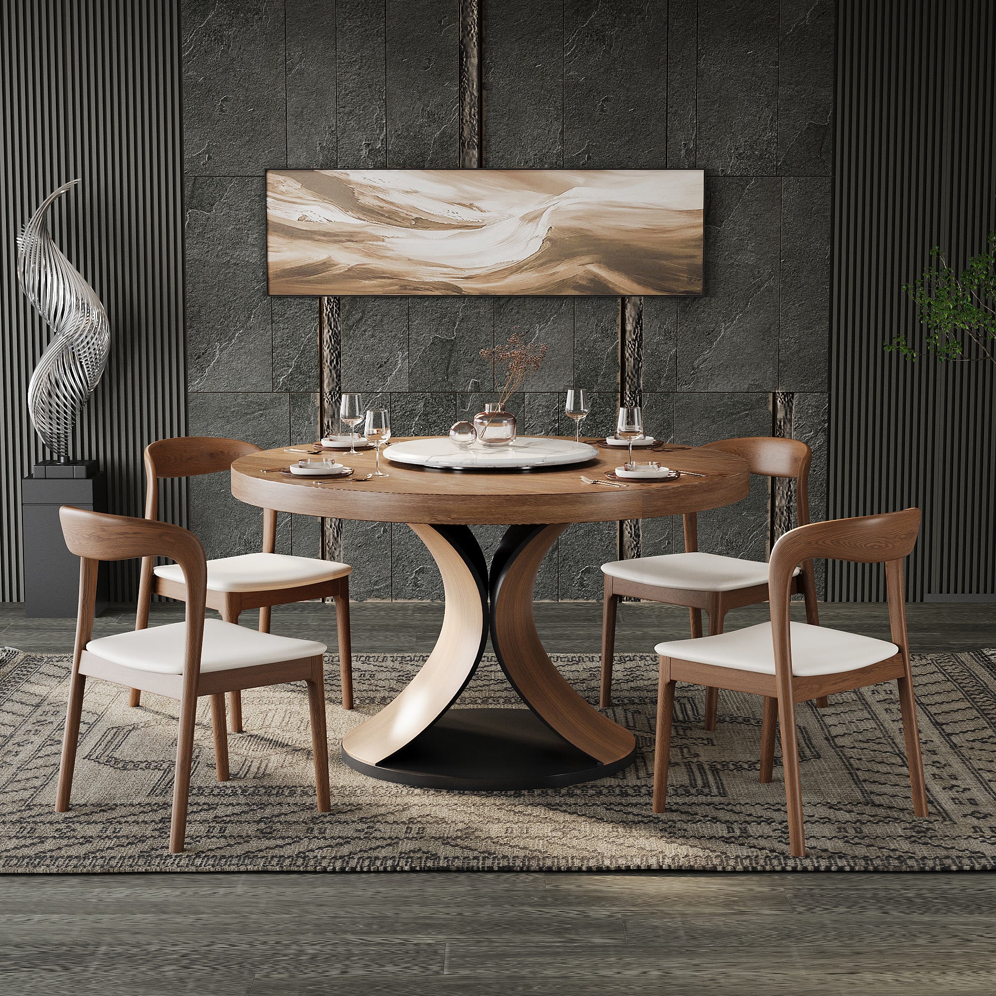 Round Solid Wood Dining Table with Snow White Sintered Stone Lazy Susan - image 4