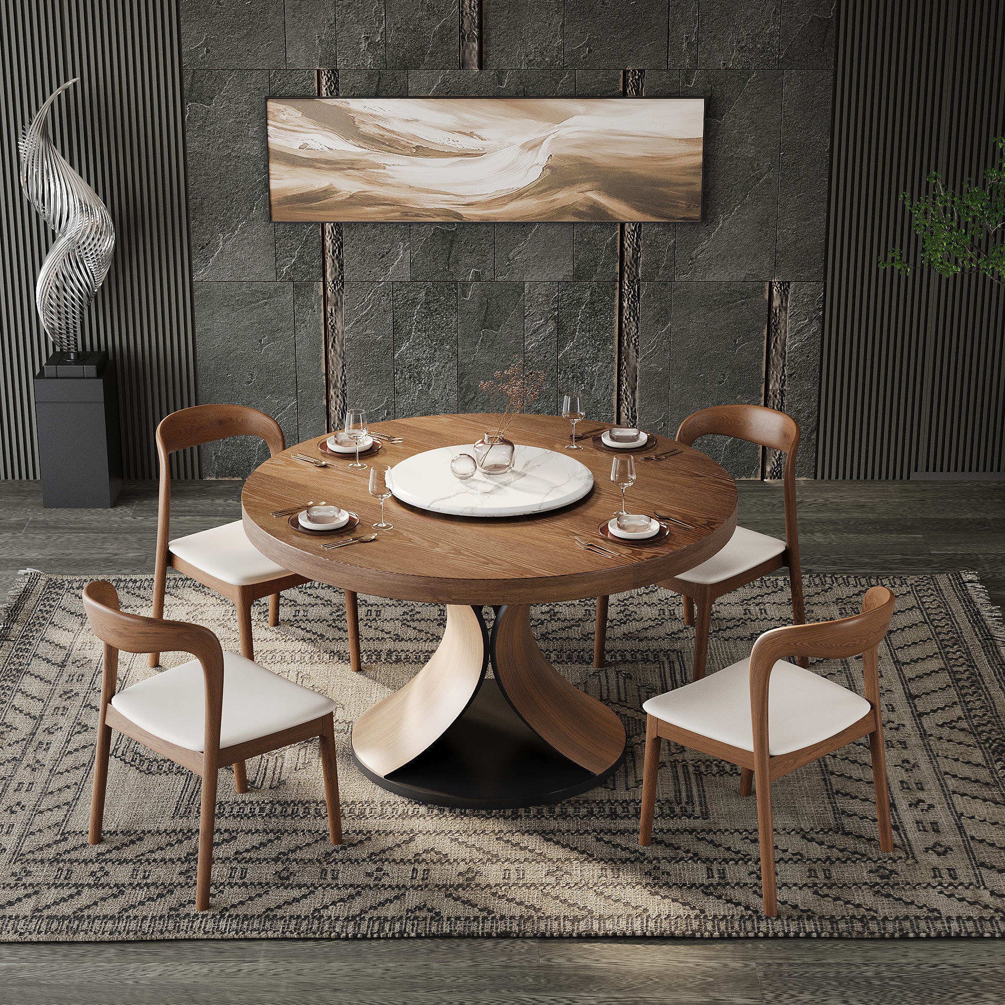 Round Solid Wood Dining Table with Snow White Sintered Stone Lazy Susan - image 5